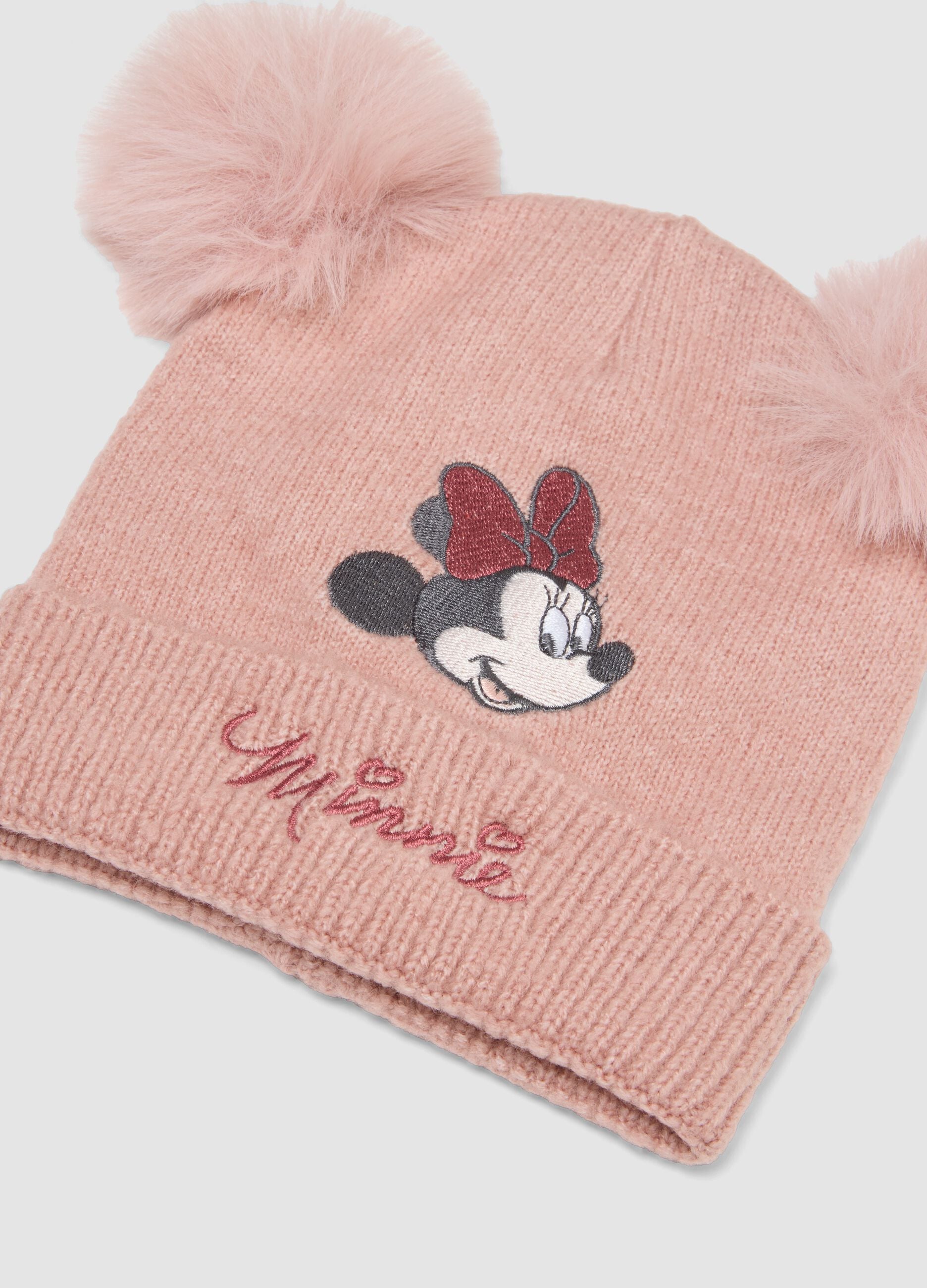 Conjunto roxo em tecido el&aacute;stico com gorro e luvas com tema Minnie