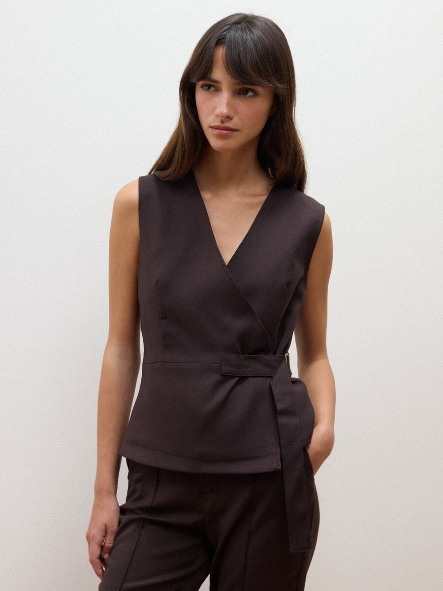 Brown stretch viscose waistcoat with belt_1