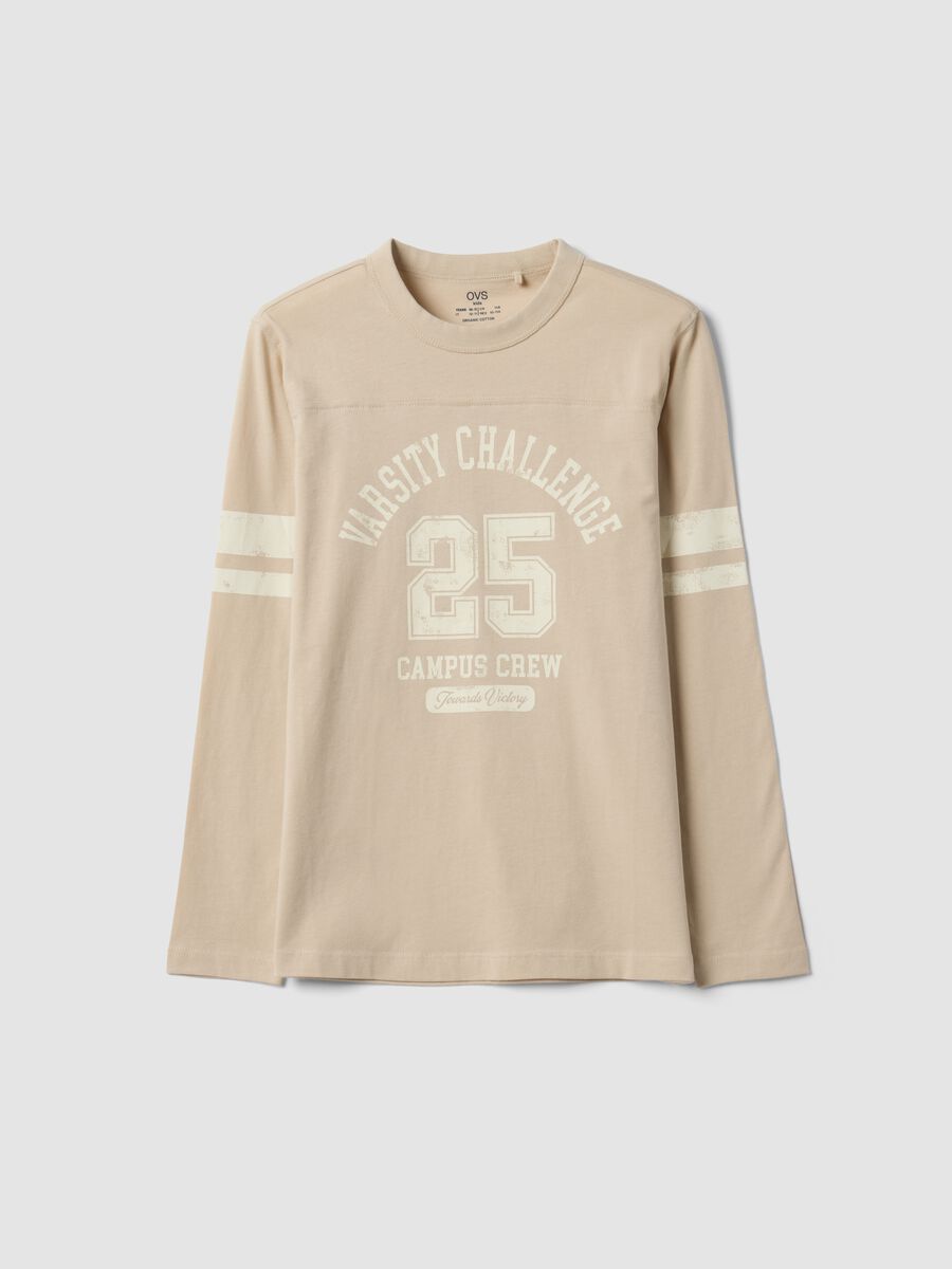 Beige pure organic cotton T-shirt with college print for boys_3