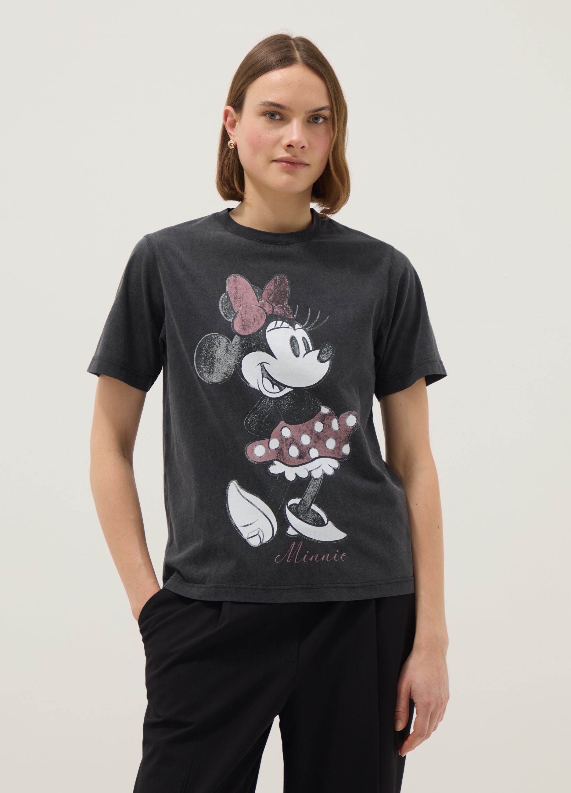 Grey pure cotton regular fit T-shirt with Minnie print