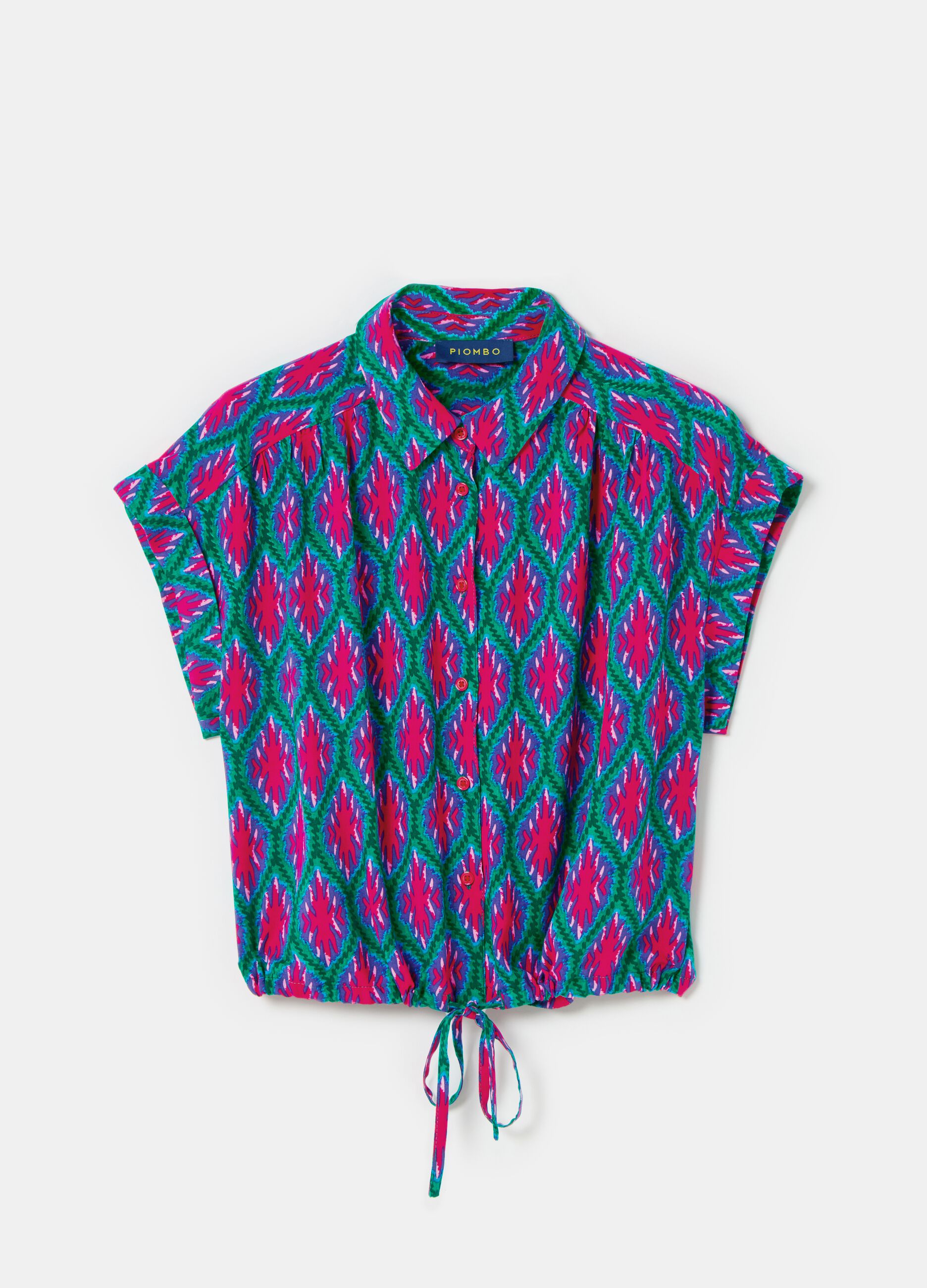 Short-sleeved blouse with print and drawstring