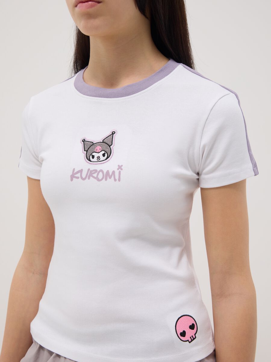 Girls' White Stretch Cotton Slim Fit T-shirt with Kuromi_1