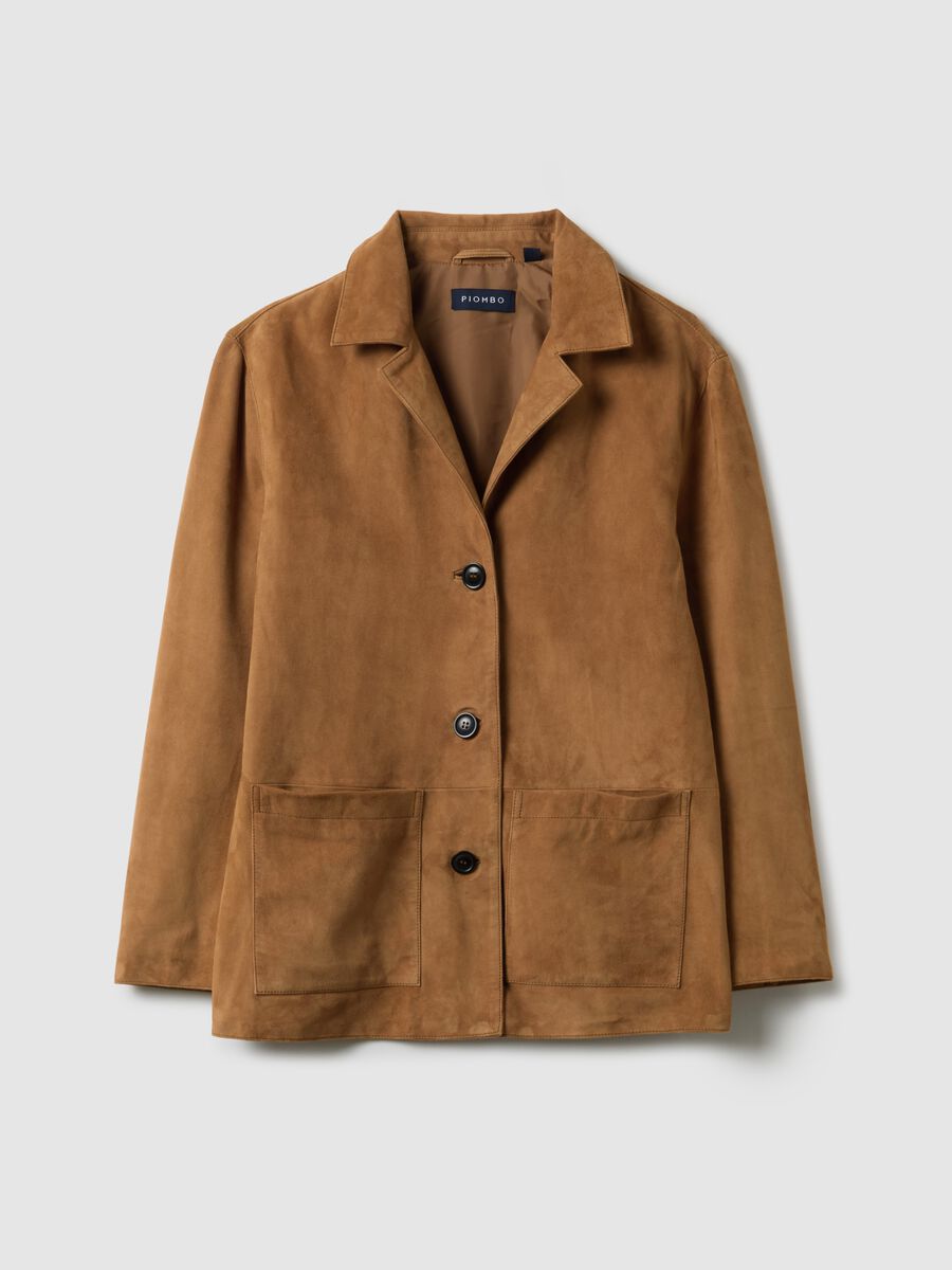 Blazer castanho em pele verdadeira com corte regular e bot&otilde;es_4