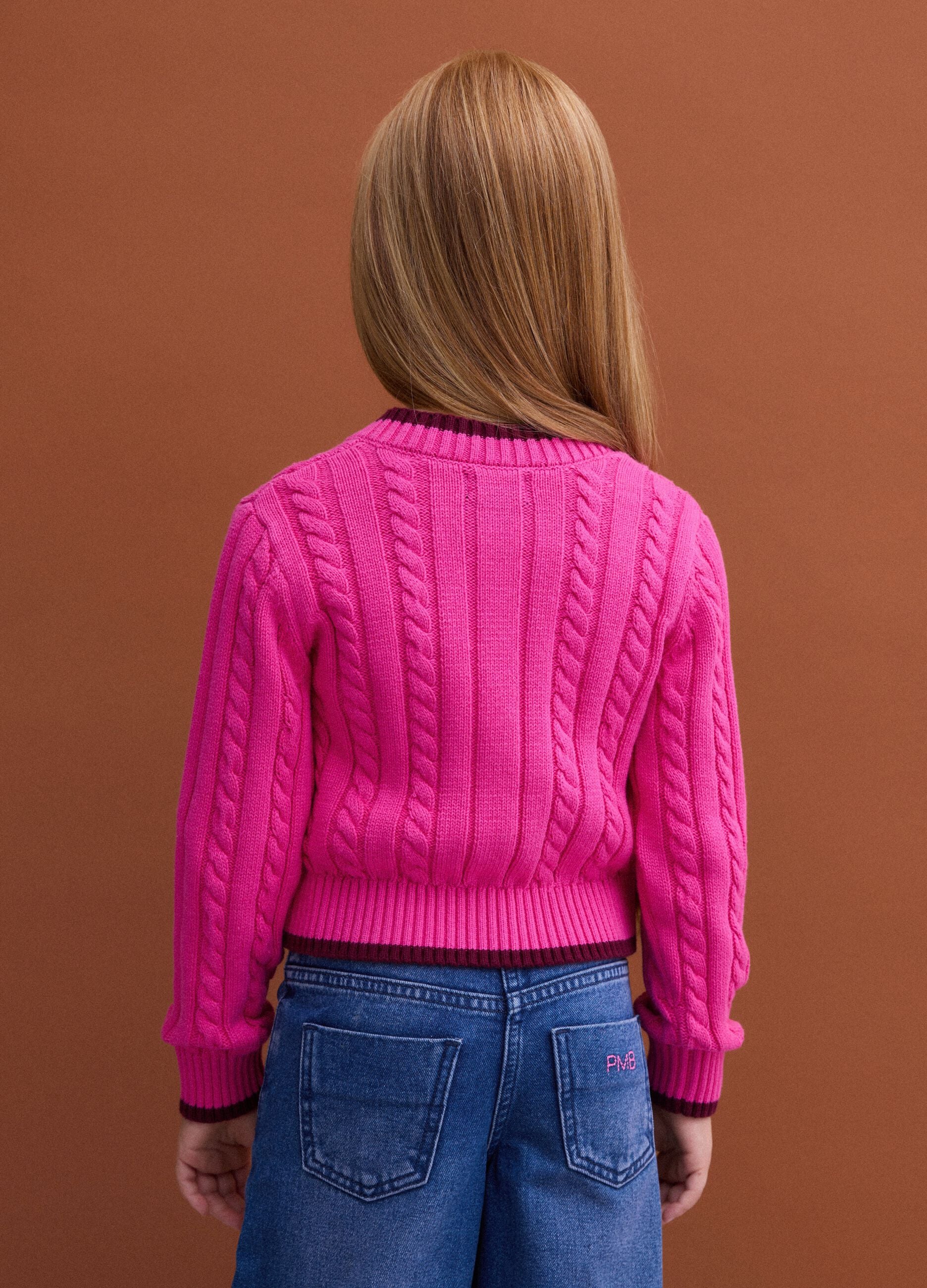 Pink pure cotton cable-knit V-neck jumper for girls