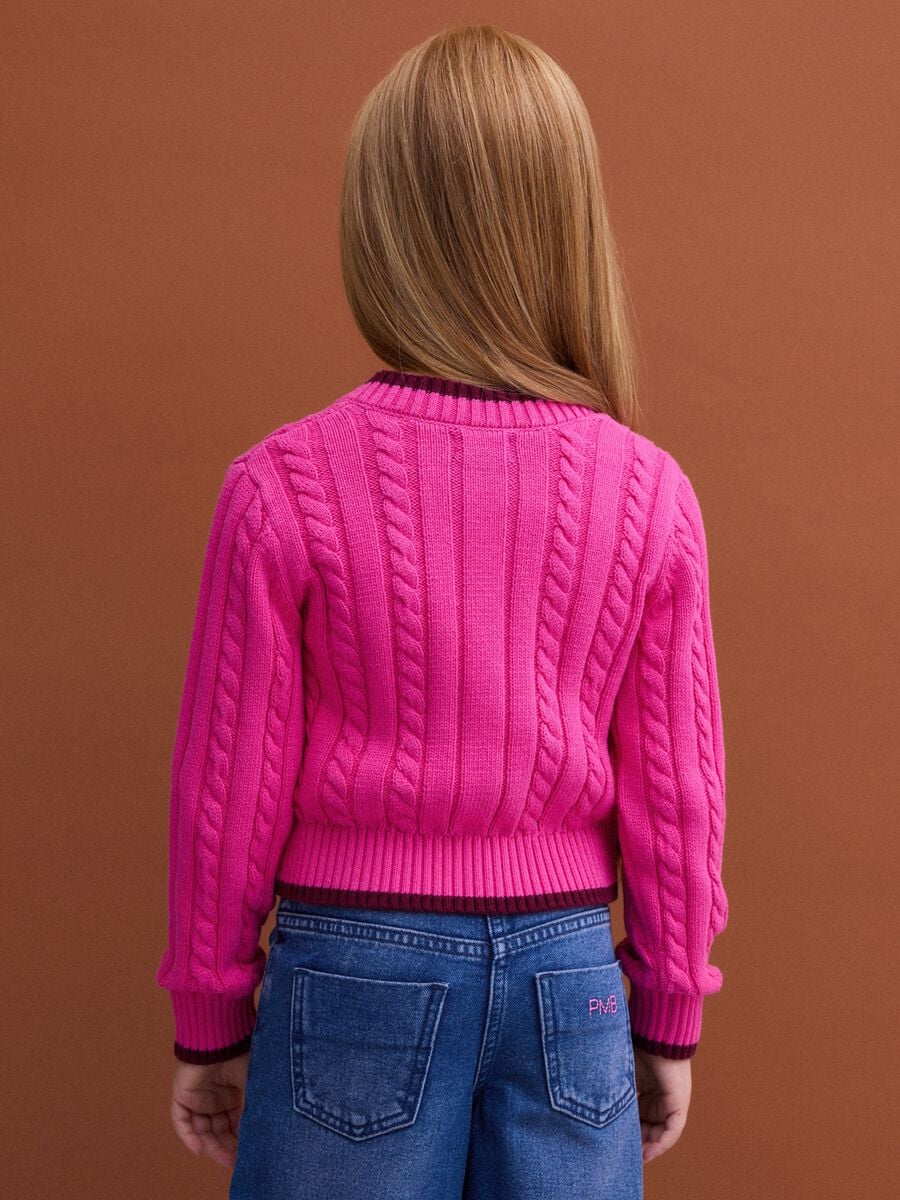 Rosa V-Ausschnitt-Pullover aus reiner Baumwolle mit Zopfmuster f&uuml;r M&auml;dchen_2