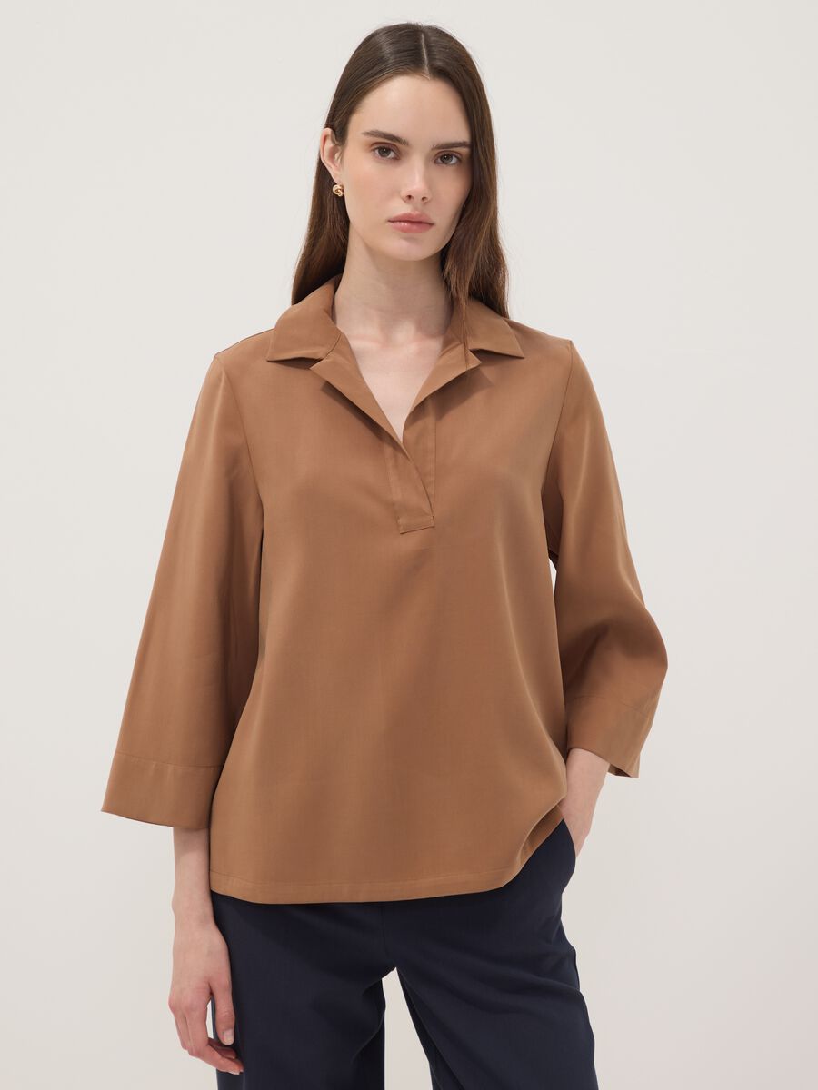 Beige viscose-blend shirt with classic collar_0