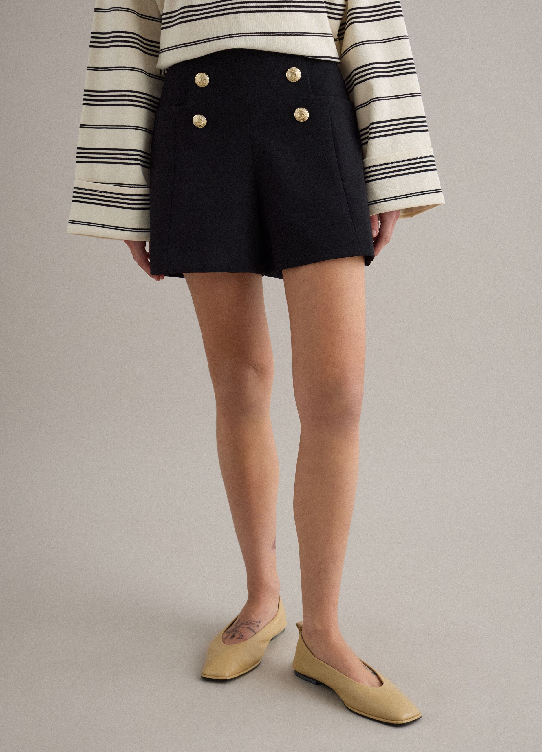 Black regular fit shorts with high waist and gold buttons