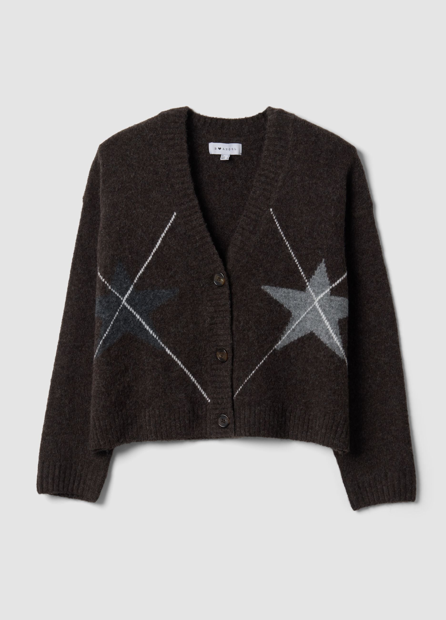 Cardigan castanho em l&atilde; el&aacute;stica com decote em V profundo, corte oversized