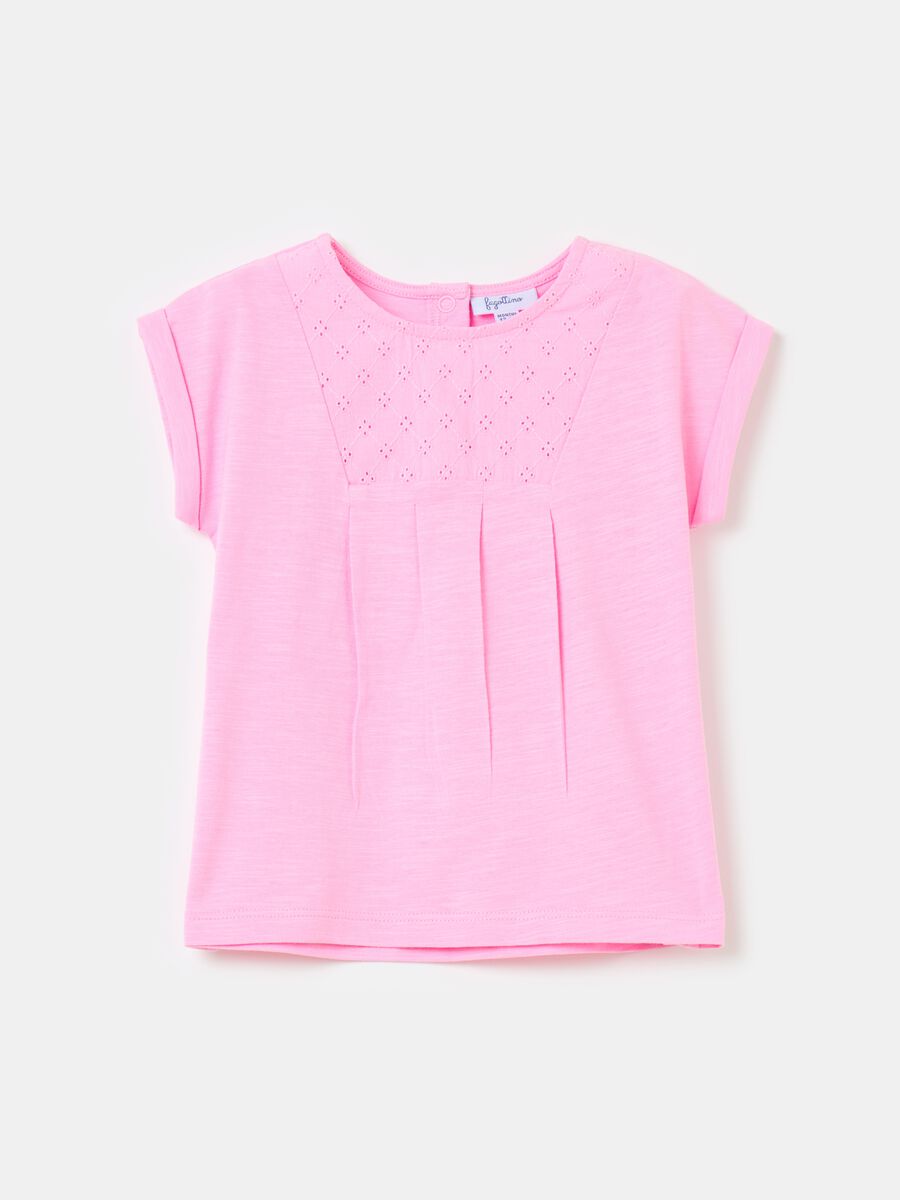 Cotton T-shirt with broderie anglaise insert_0
