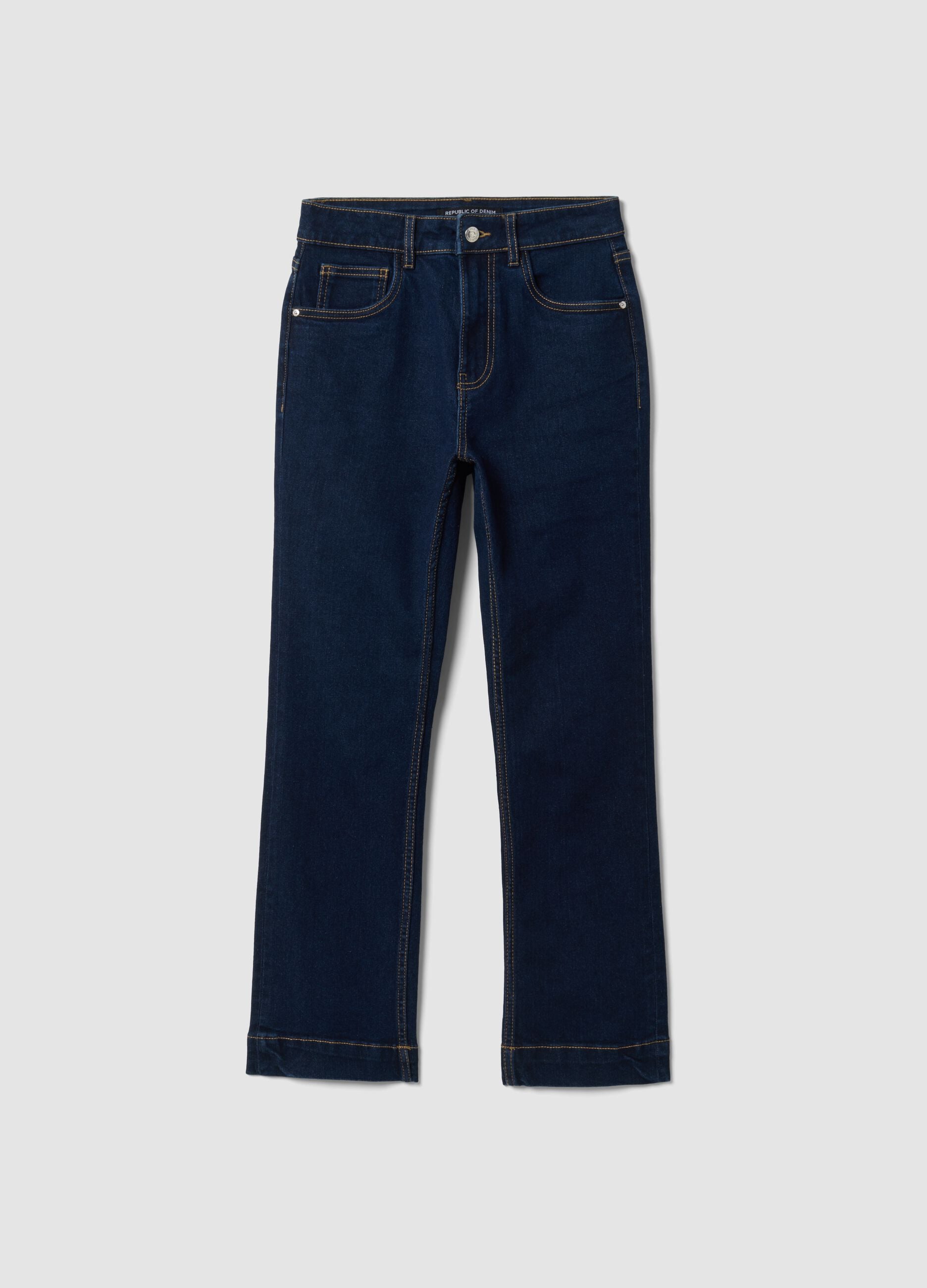 Jeans de ganga azuis cropped slim fit em algod&atilde;o e viscose el&aacute;sticos