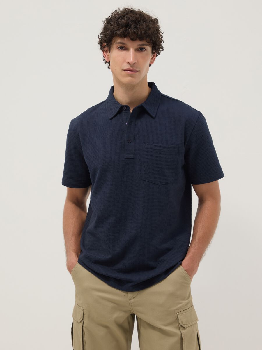 Blue short-sleeved stretch polo shirt_1