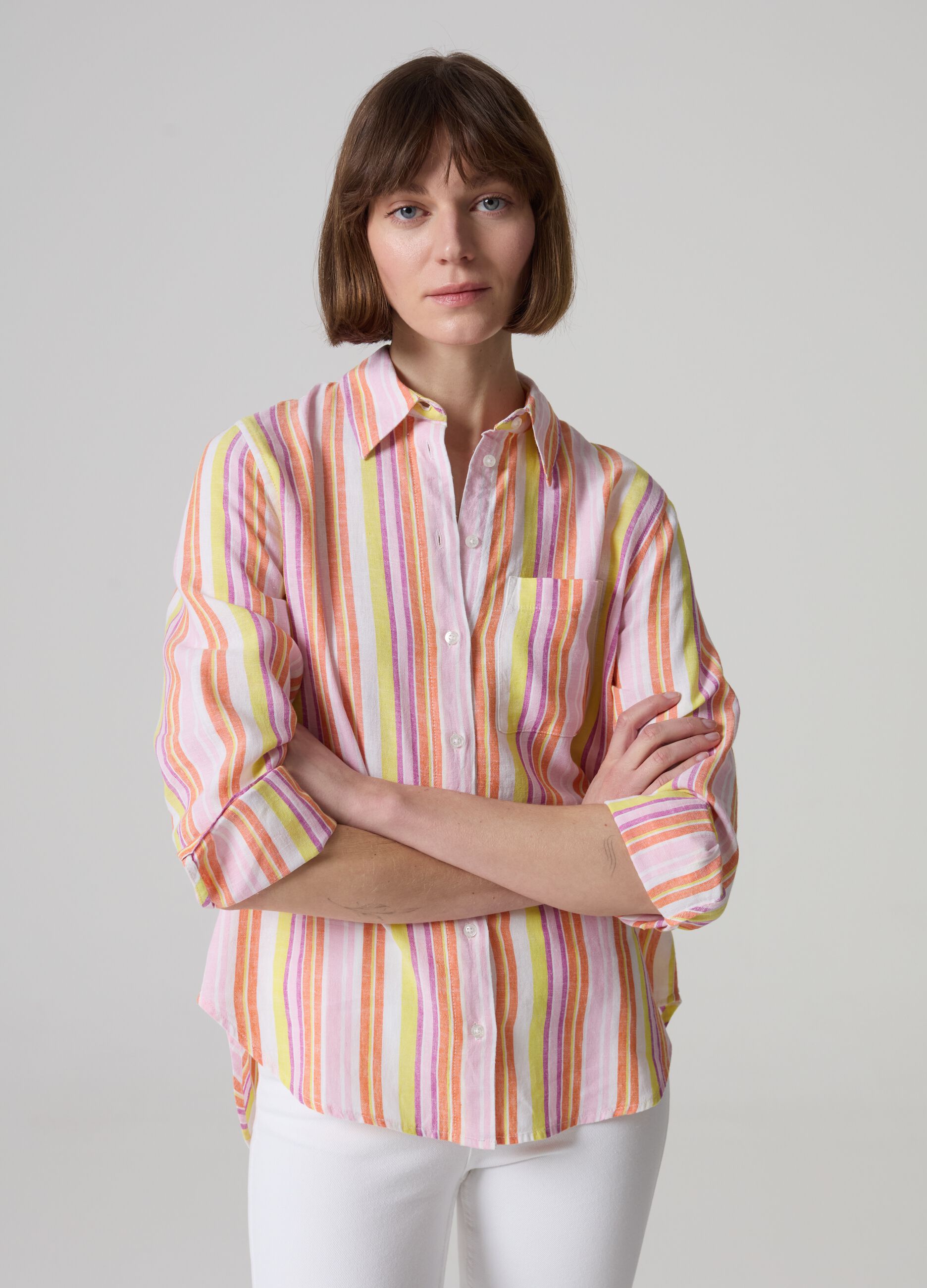 Camicia in lino e viscosa a righe multicolor