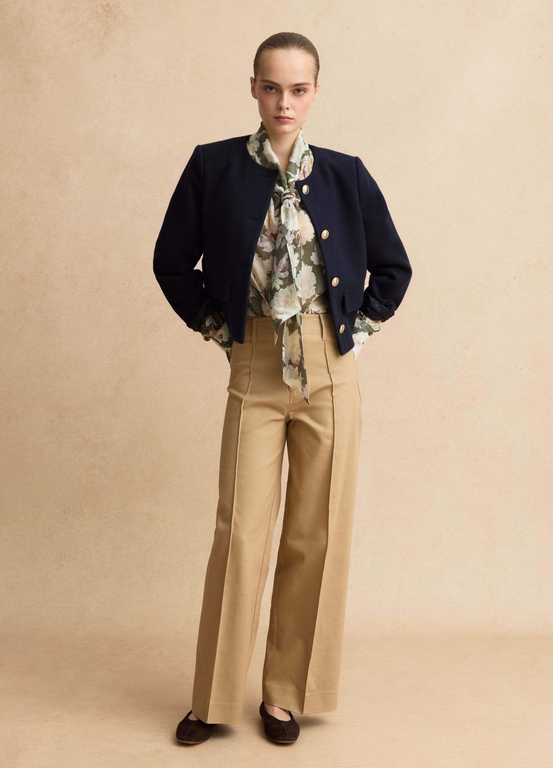 Straight-leg beige cotton blend trousers regular fit