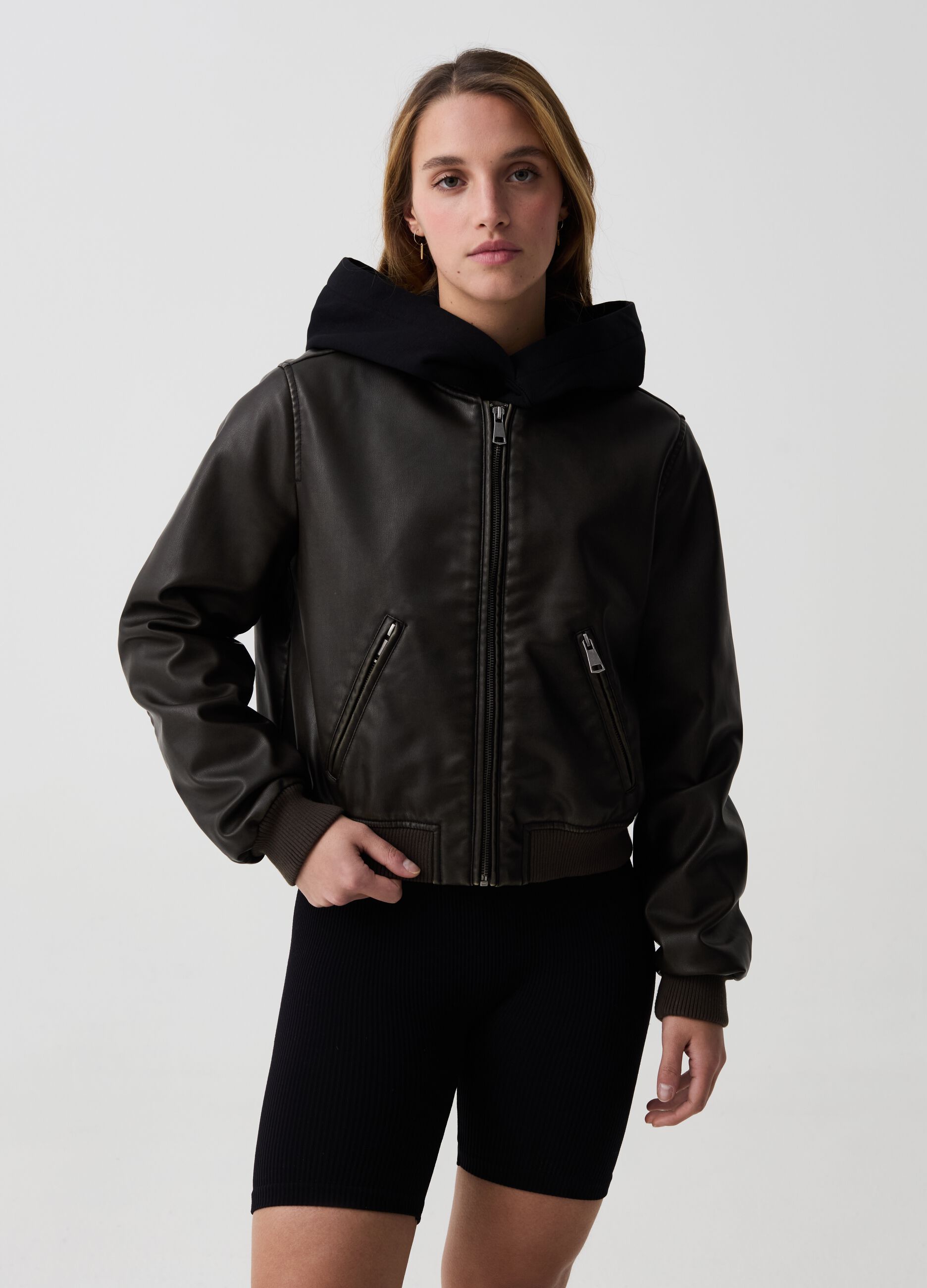 Full-zip glossy-effect bomber jacket