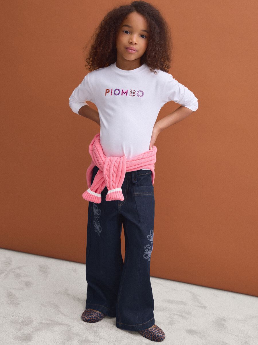 Blue straight-leg pure cotton jeans with floral embroidery for girls_0