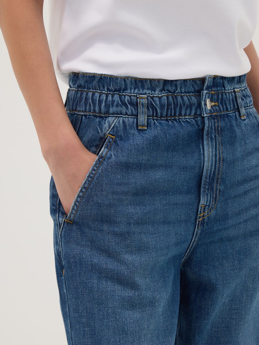 Jeans denim blu in puro cotone con vita paperbag baggy fit_3