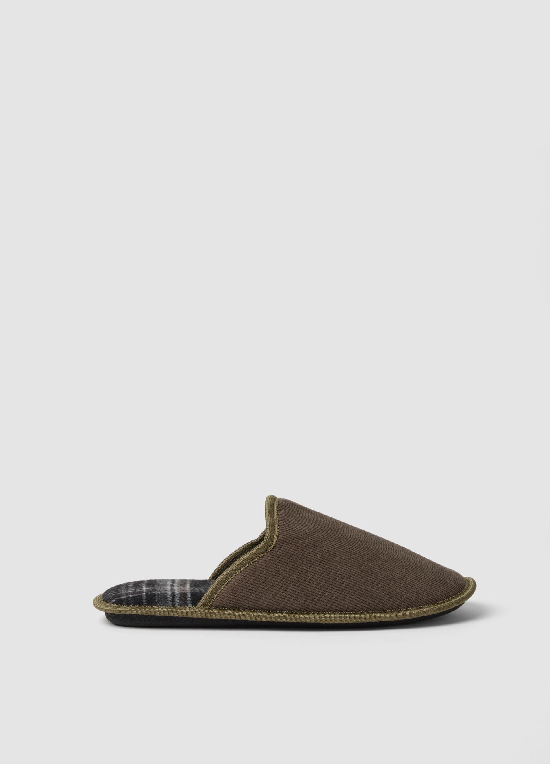 Brown slip-on house slippers with checked lining