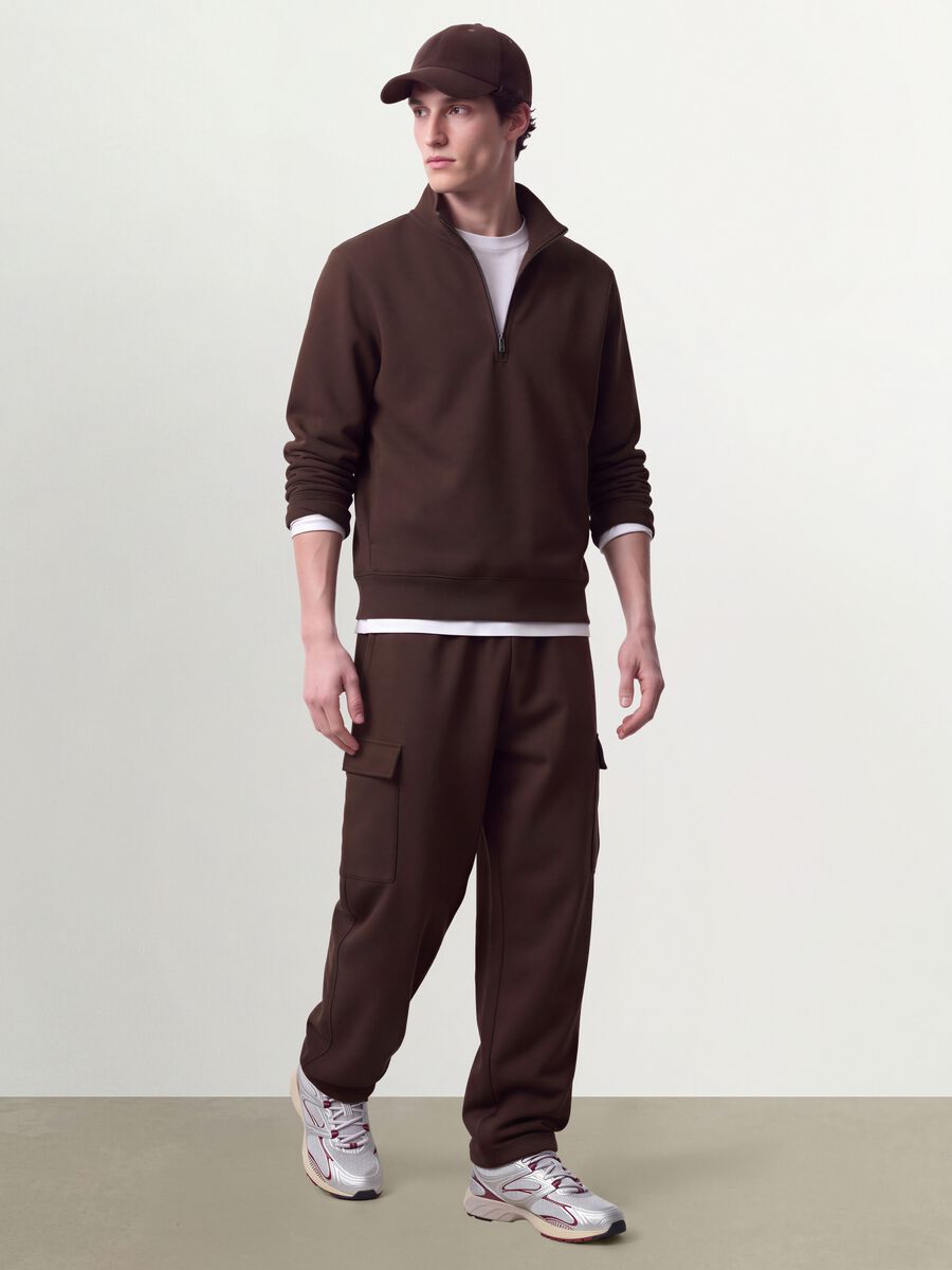 Brown half-zip cotton-blend crew neck_1