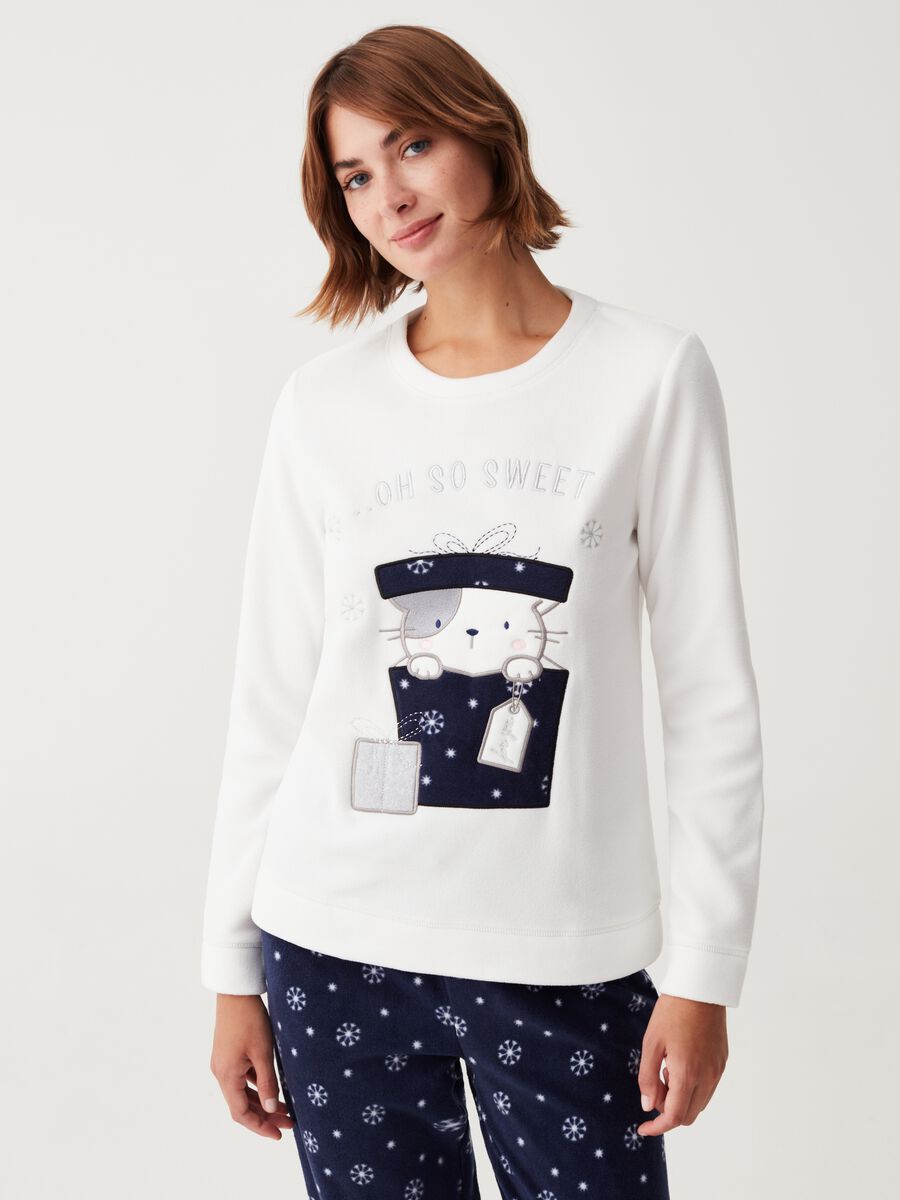Full-length fleece pyjamas with cat embroidery_1