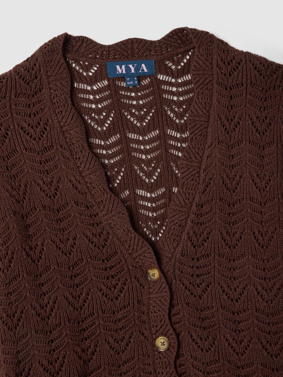 Cardigan in puro cotone marrone regular fit con motivo traforato_1