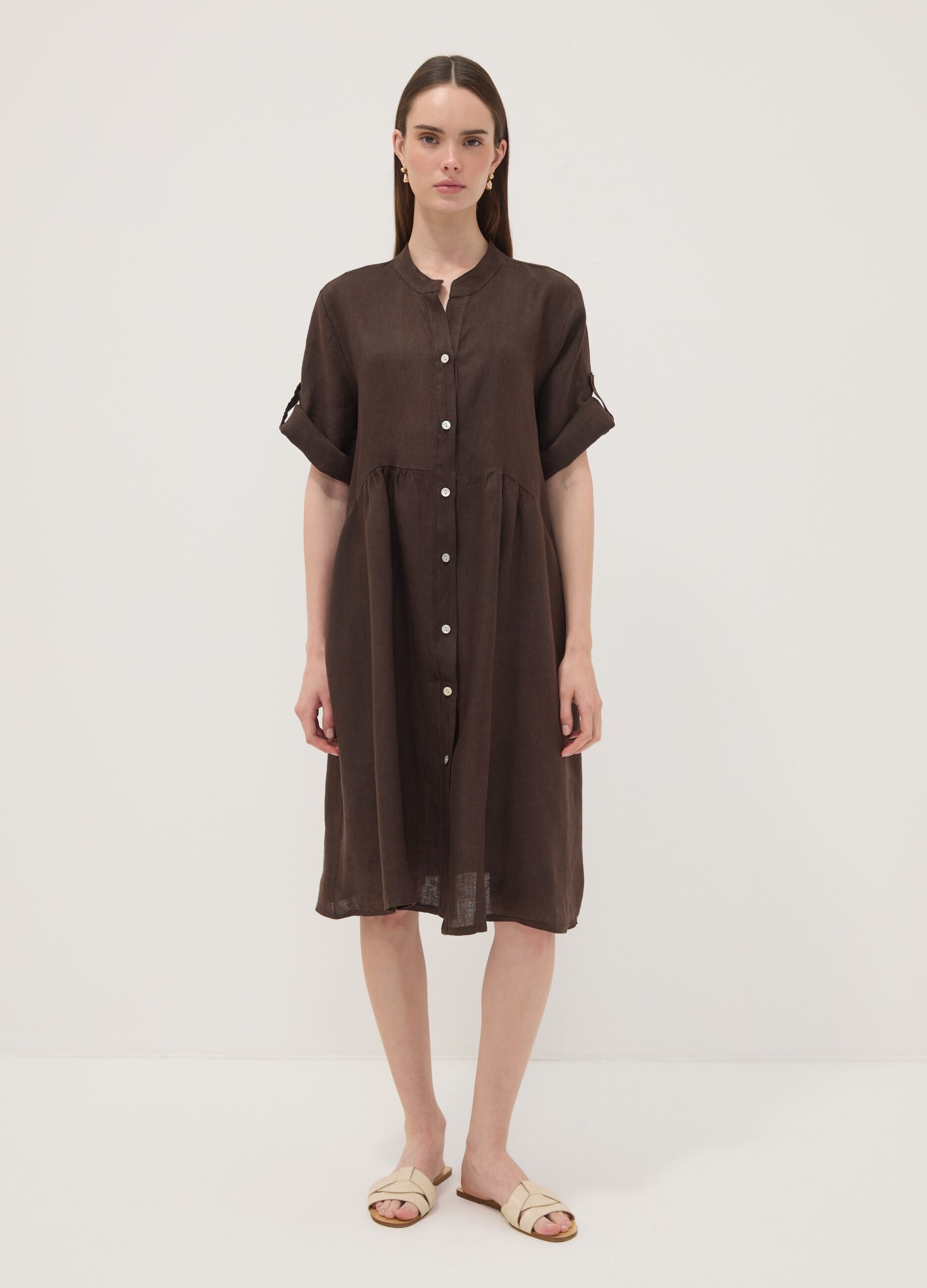 Brown pure linen dress with Mandarin collar, regular fit