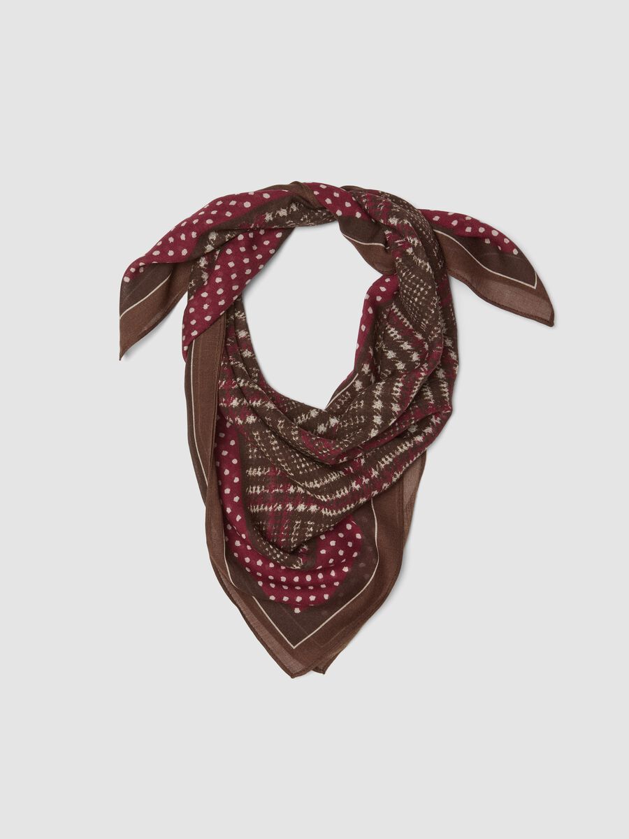 Foulard marrone in misto viscosa e lana a pois_0