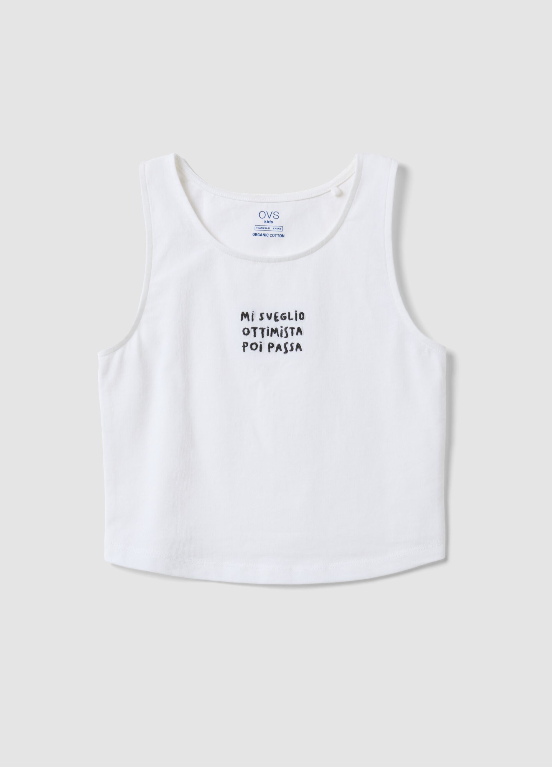 Canotta fitted bianca in cotone elasticizzato da ragazza con ricamo