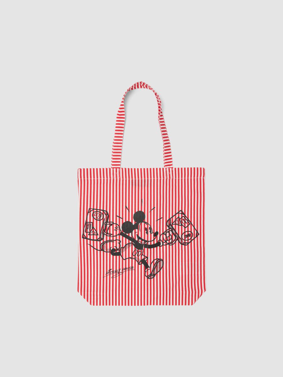 Red and white striped pure cotton tote bag with Mickey Mouse print_0