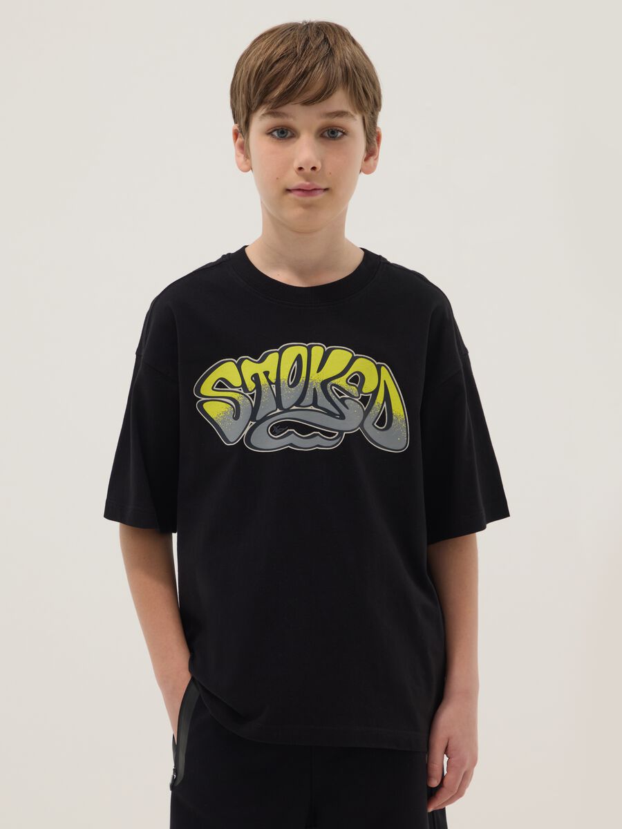 Black pure cotton T-shirt with front print_0