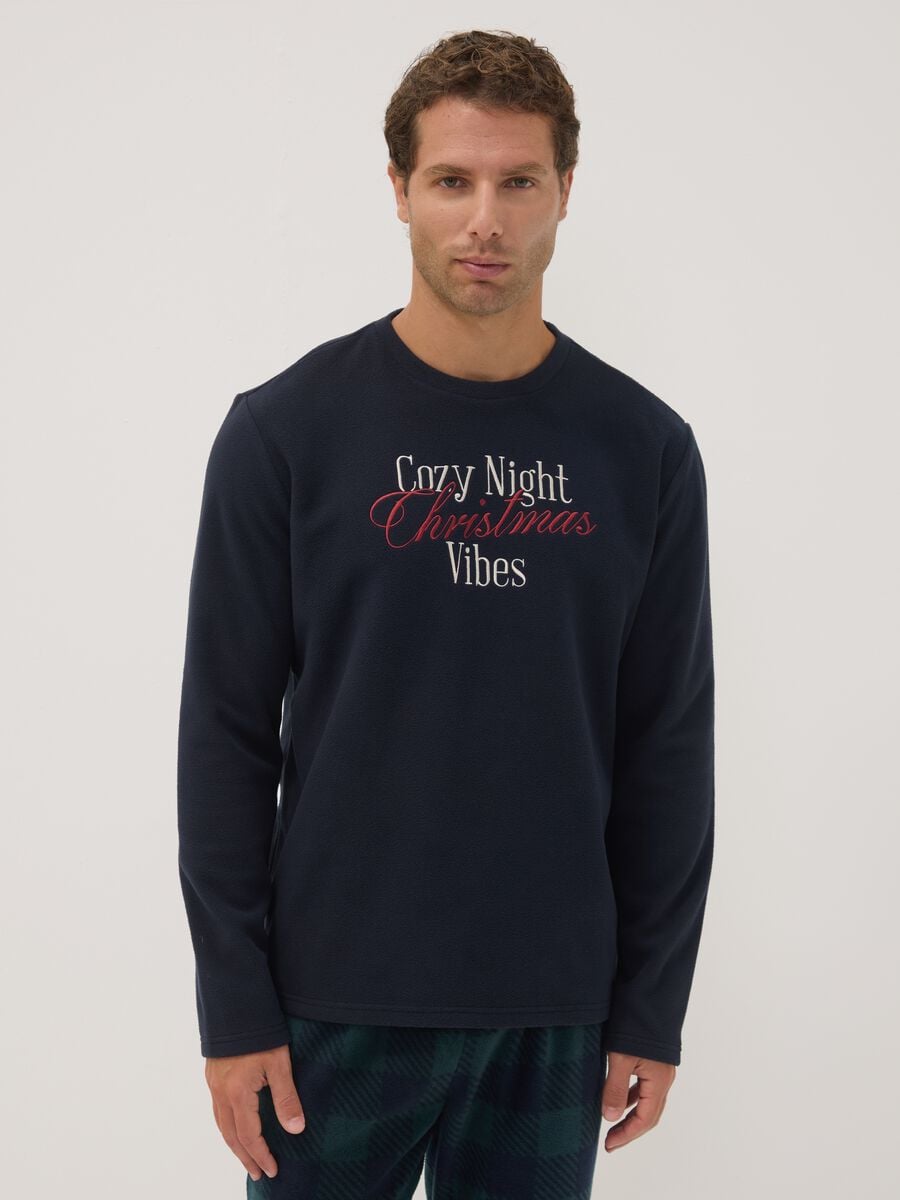 Navy blue long pyjamas with crew neck top and check trousers_1