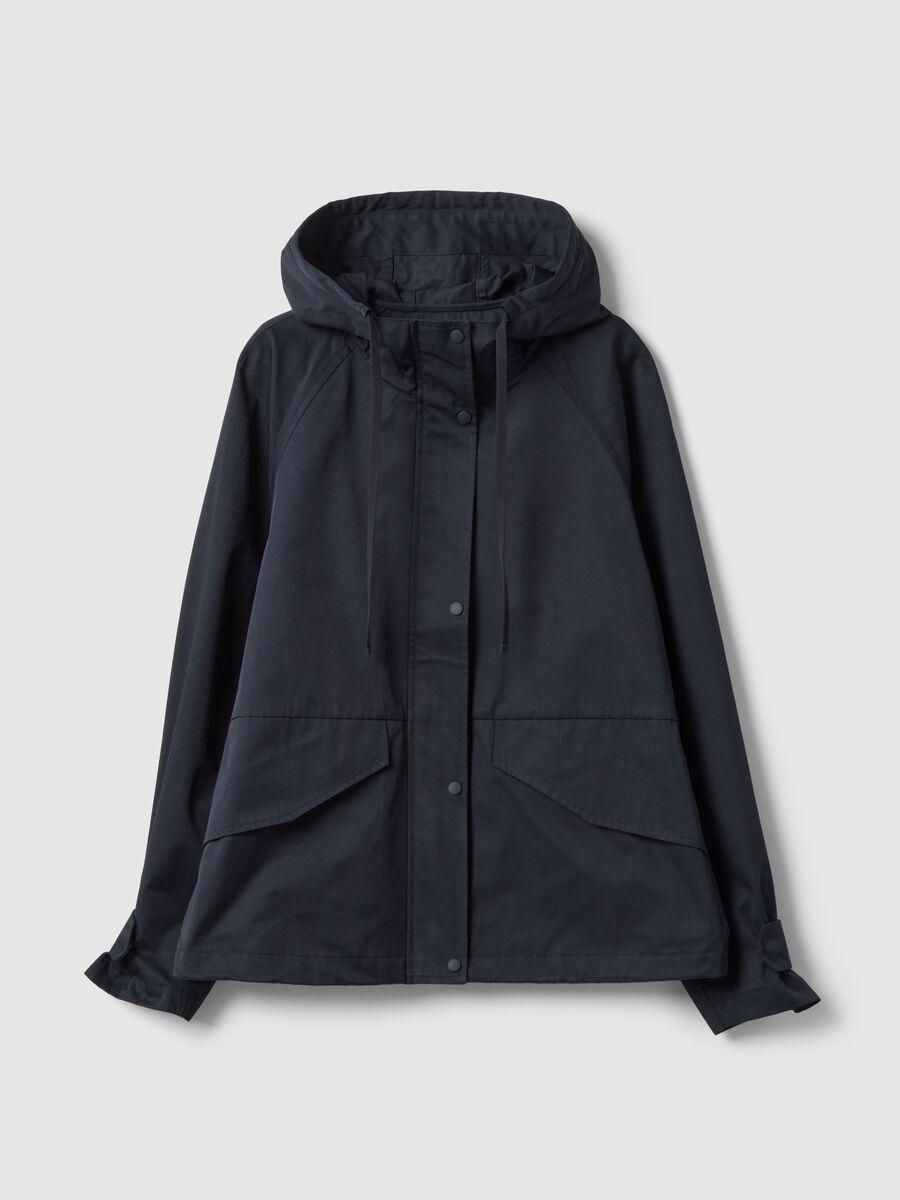Black regular fit cotton blend jacket with zip and hood_4