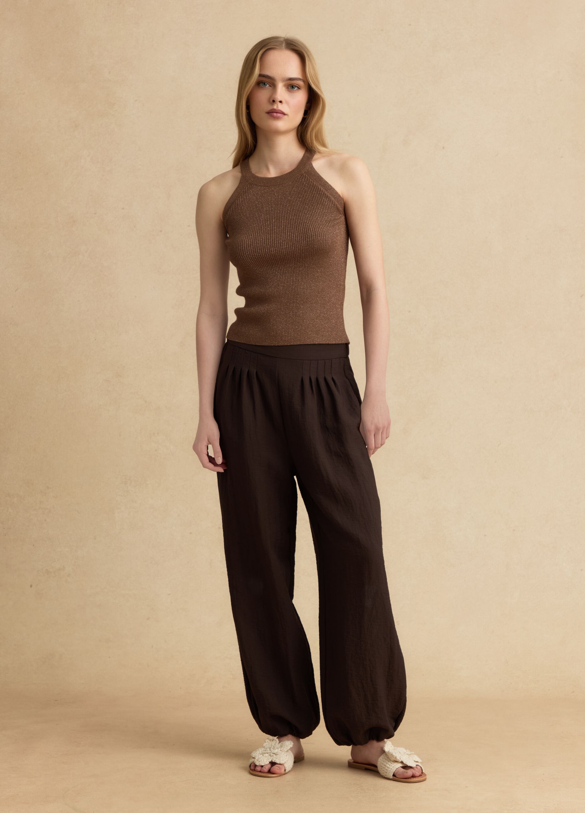 Brown viscose blend fitted tank top