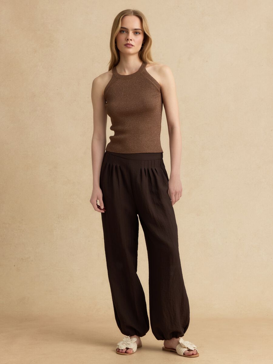 Brown viscose blend fitted tank top_1