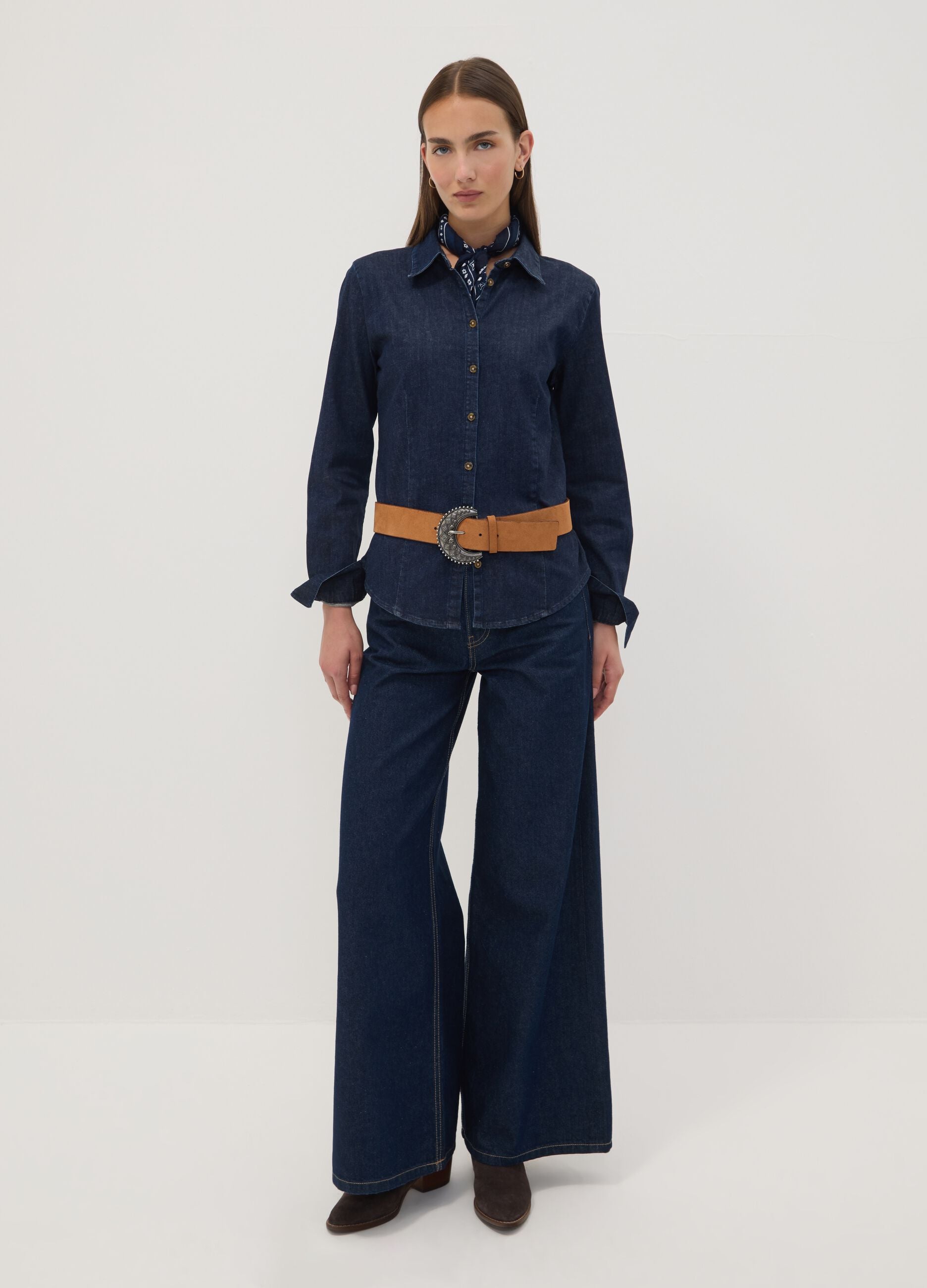 Dark blue slim-fit stretch cotton denim shirt
