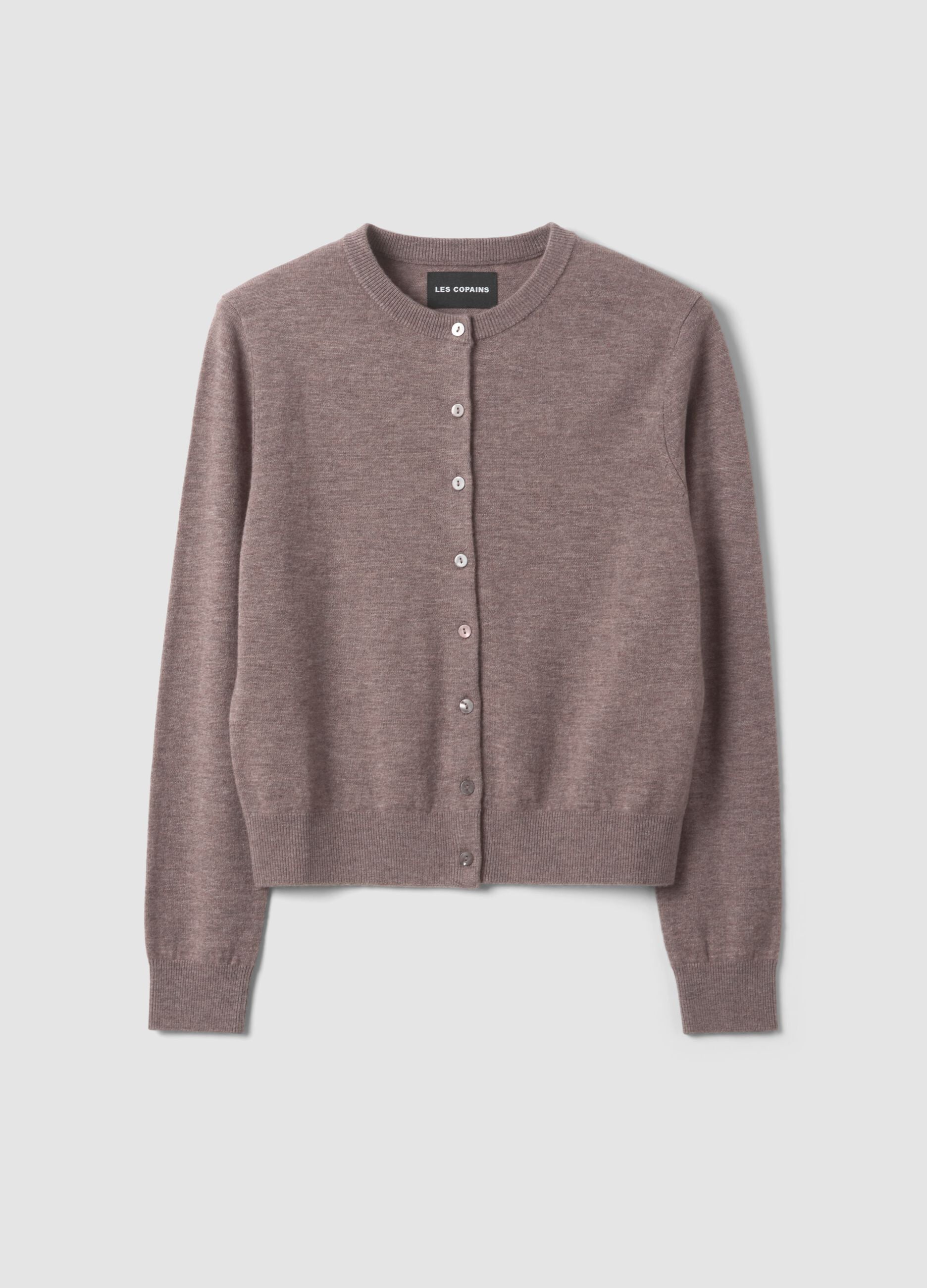 Grey pure wool crew-neck cardigan with buttons, regular fit