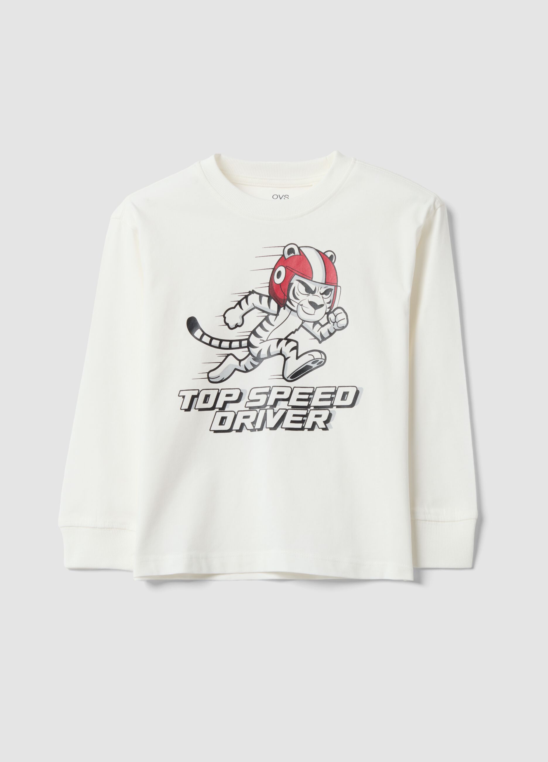 T-shirt bianca in puro cotone con girocollo e stampa Top Speed Driver