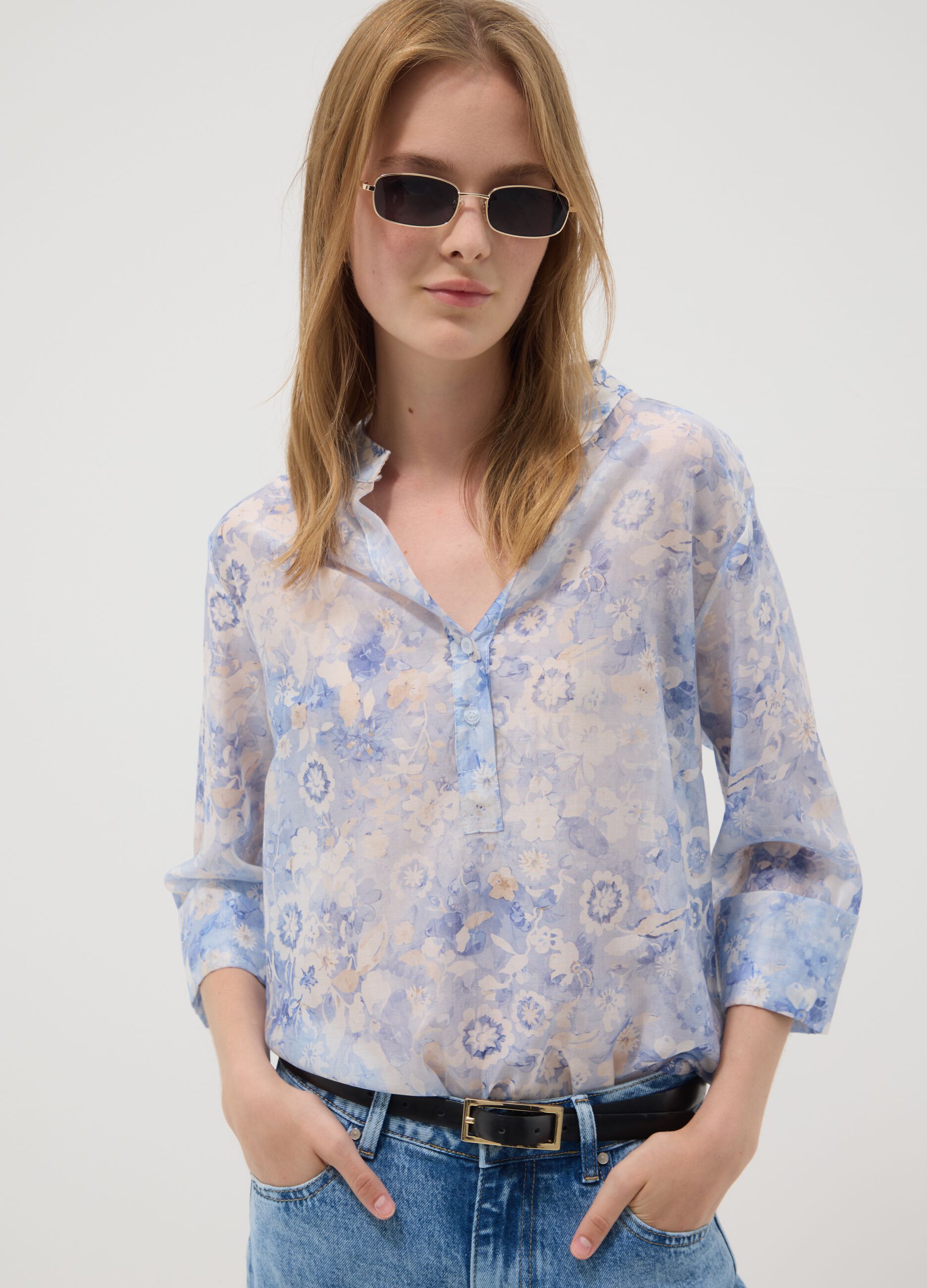 Blue floral lyocell-blend blouse