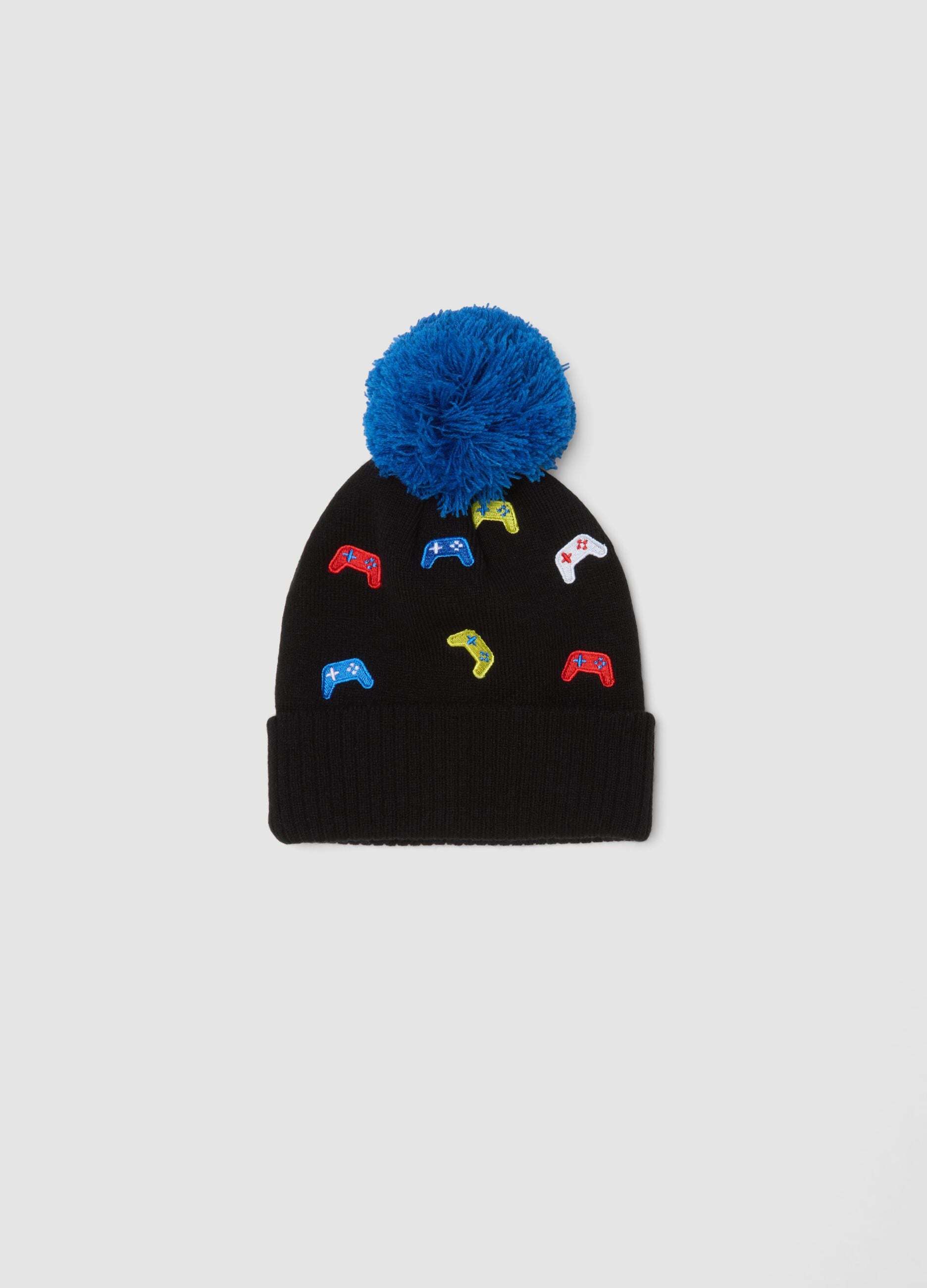 Black hat with blue pompom
