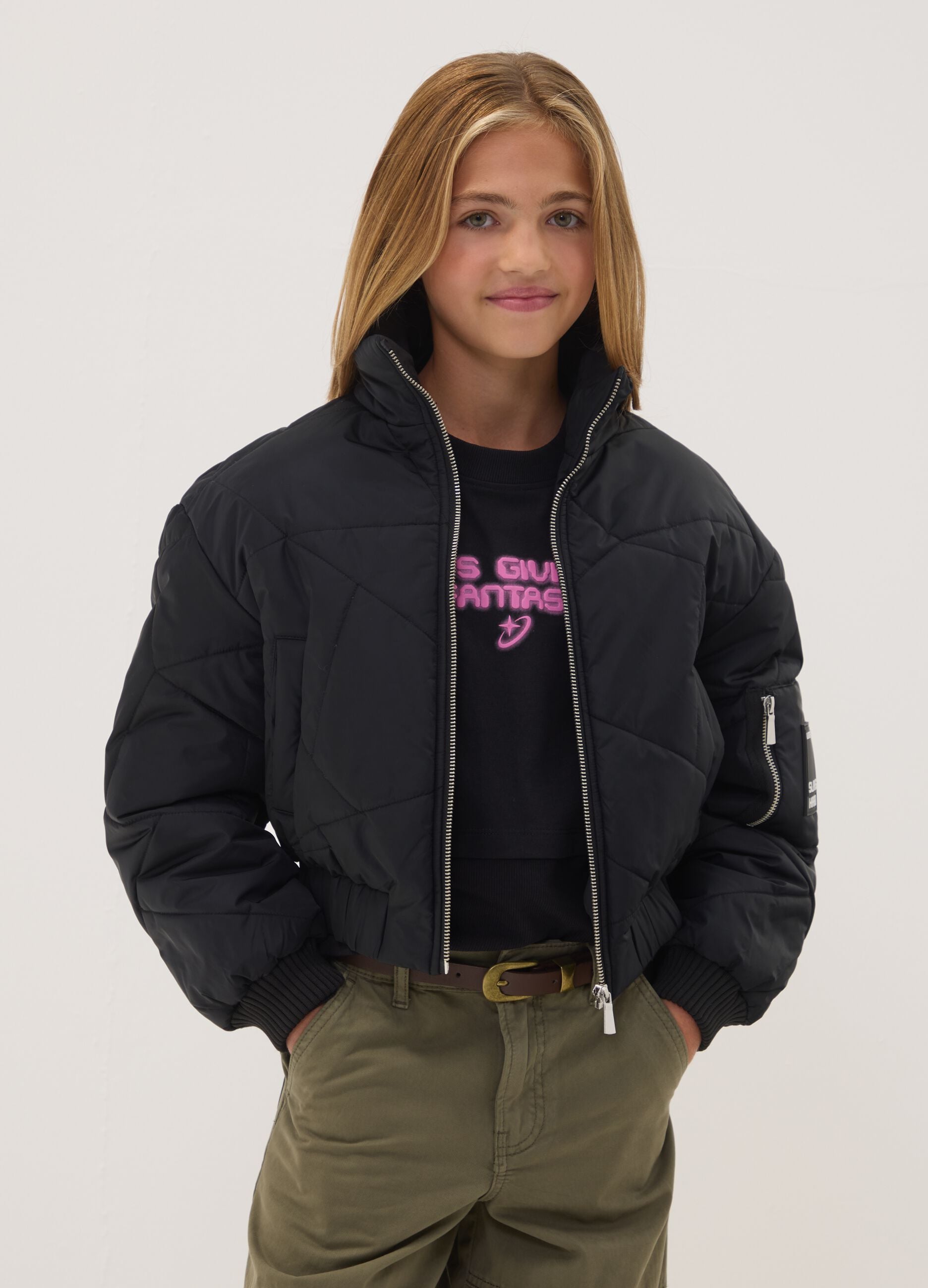 Black padded jacket with zip and high neck