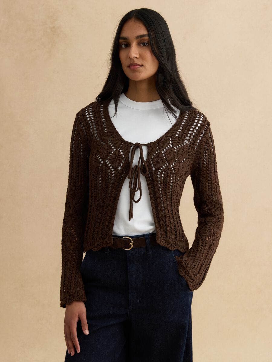 Brown pure cotton regular fit deep V openwork cardigan_0