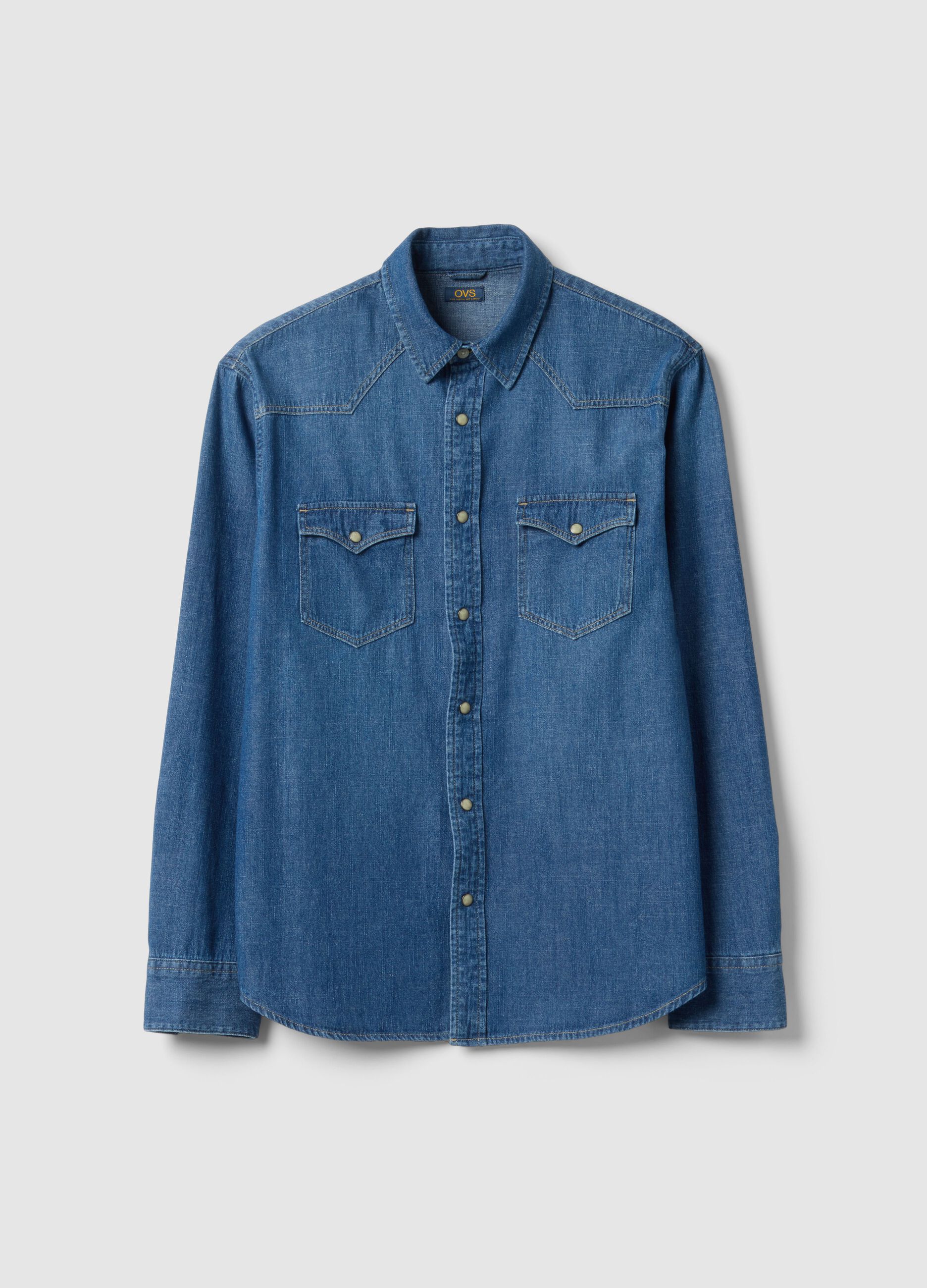 Blue denim regular fit pure cotton shirt with pockets