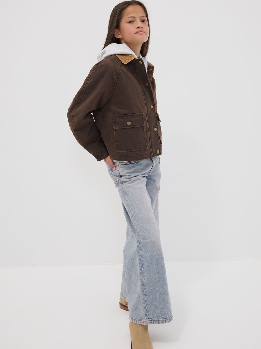 Brown cotton-blend jacket with contrast collar for girls_1