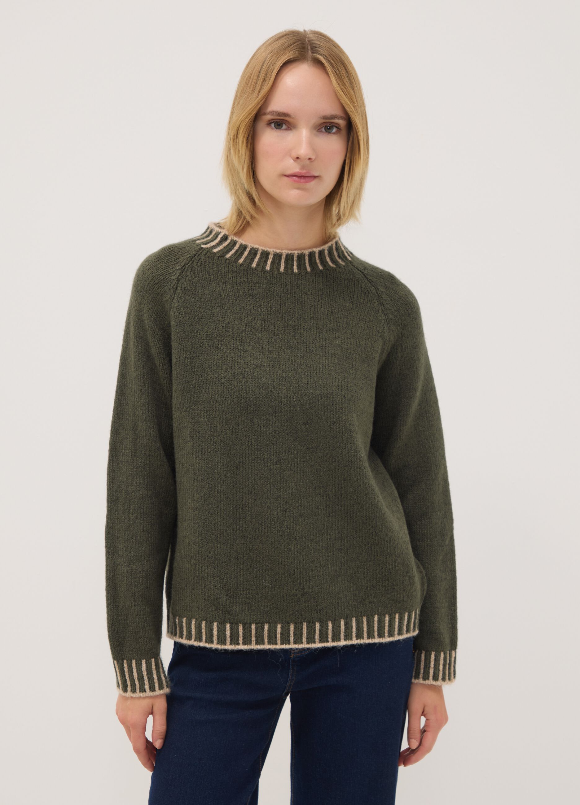 Green wool-blend jumper with contrast trims, regular fit