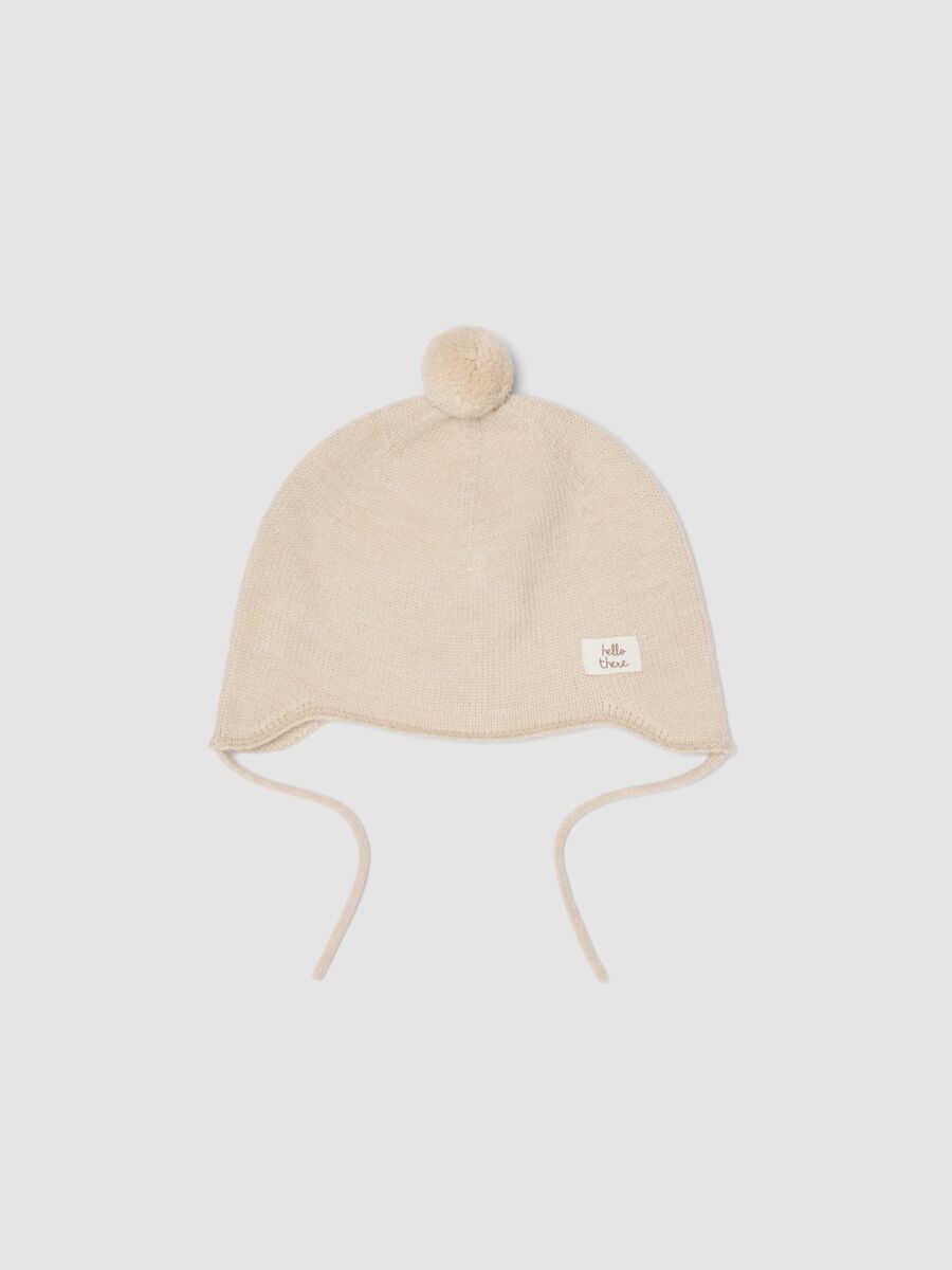 Cappellino beige melange in maglia con pon pon_0