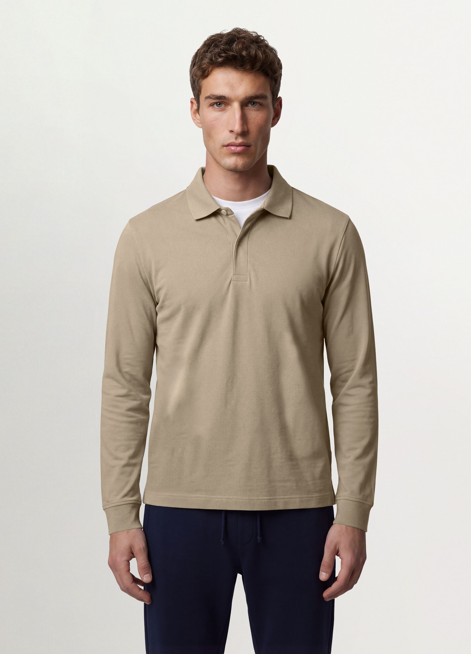 Grey long-sleeve stretch-cotton polo shirt, regular fit
