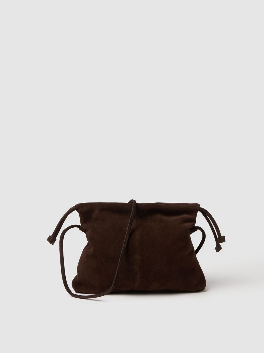 Genuine brown leather bag with drawstring closure_0