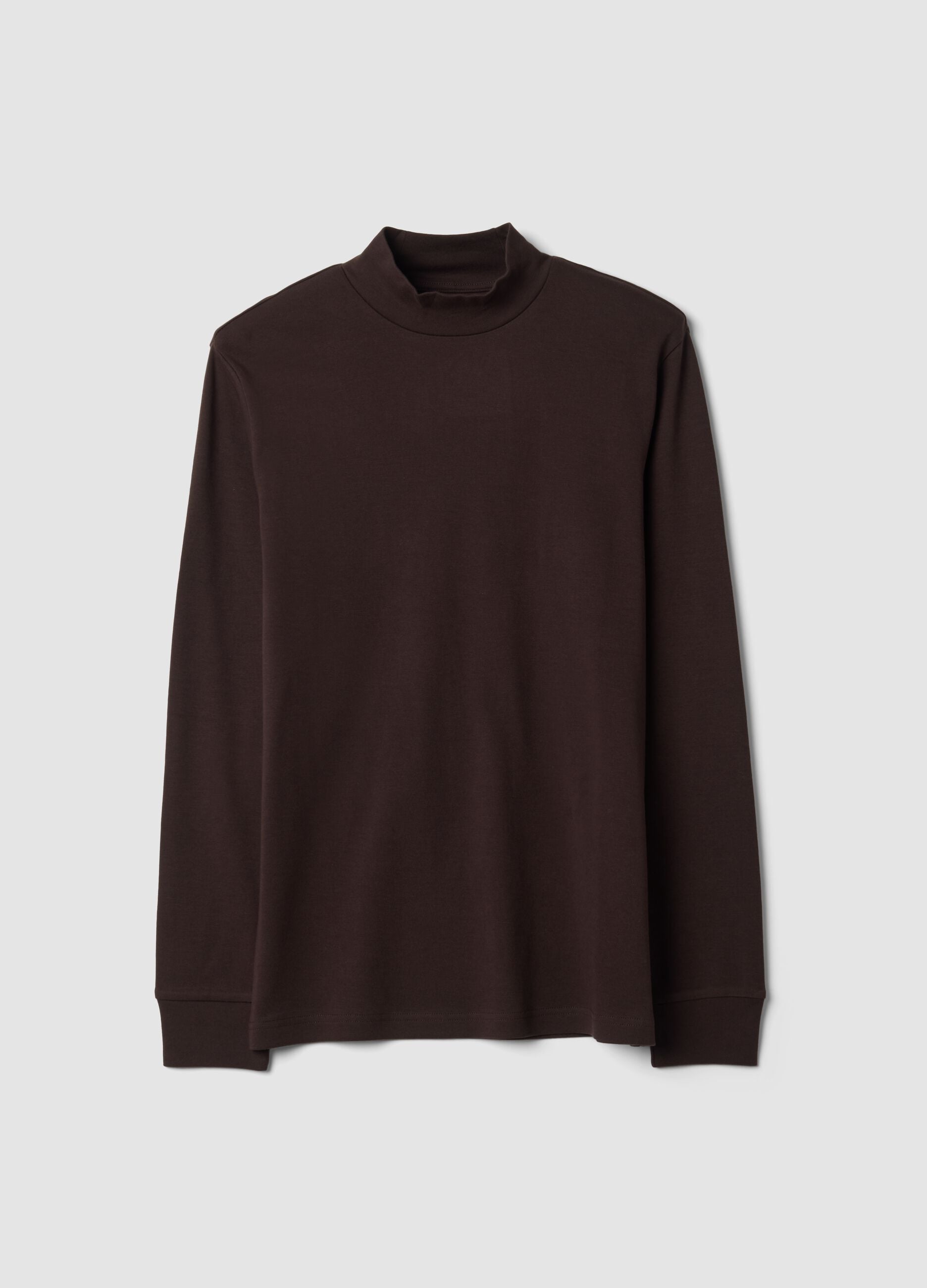 T-shirt marrone in puro cotone con collo rialzato strutturato