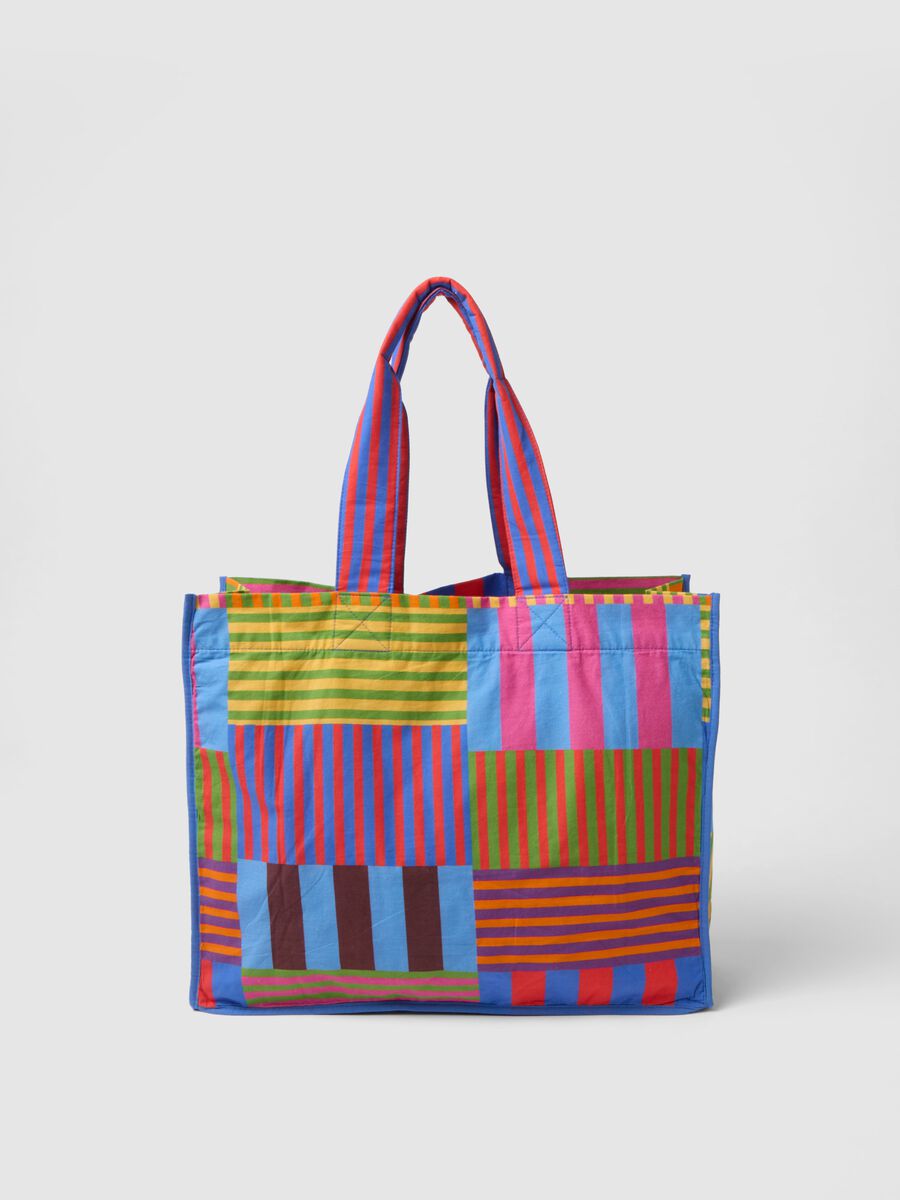 Saco shopper de algod&atilde;o puro com riscas multicoloridas_1