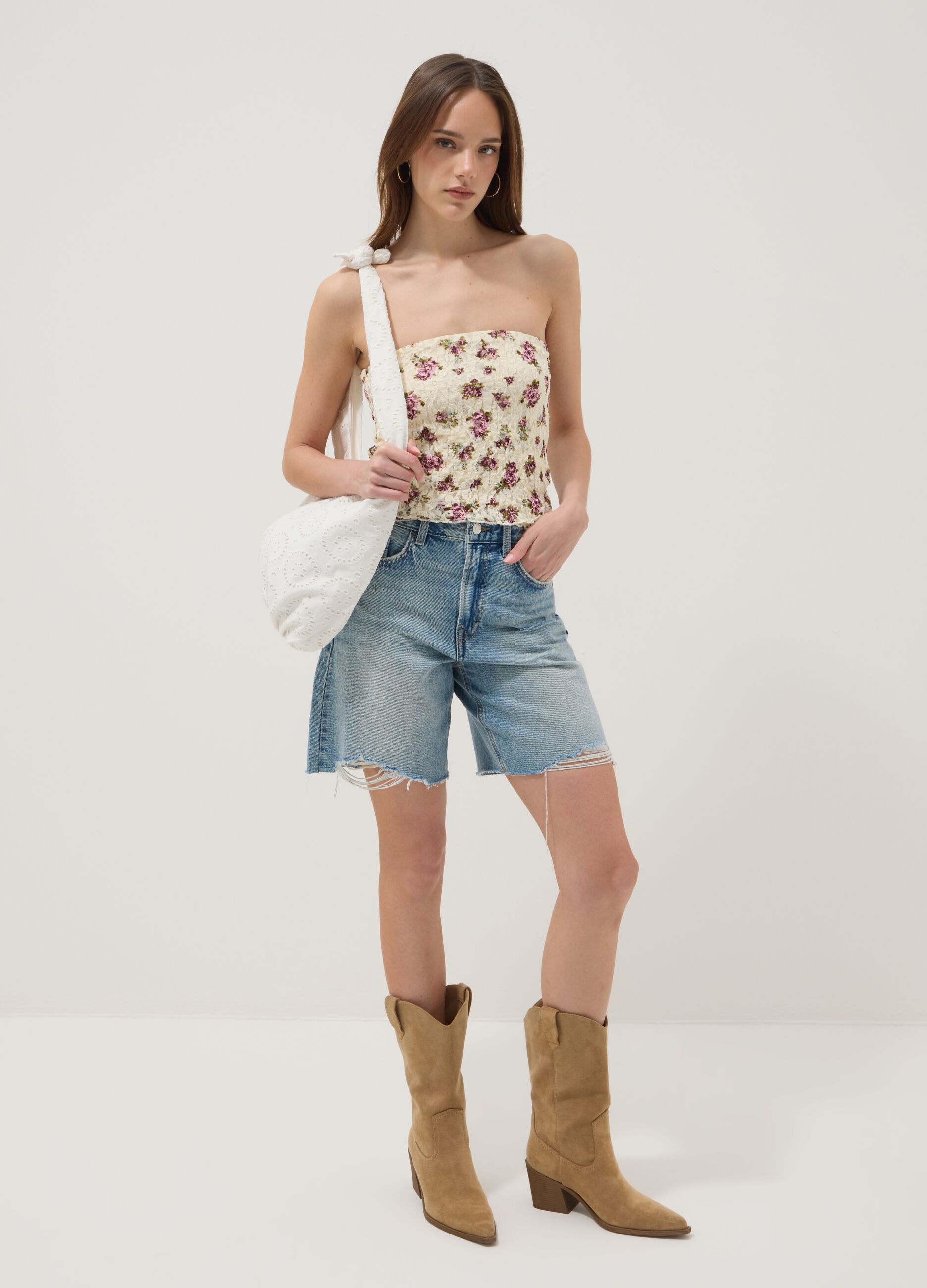 Short beige floral stretch top