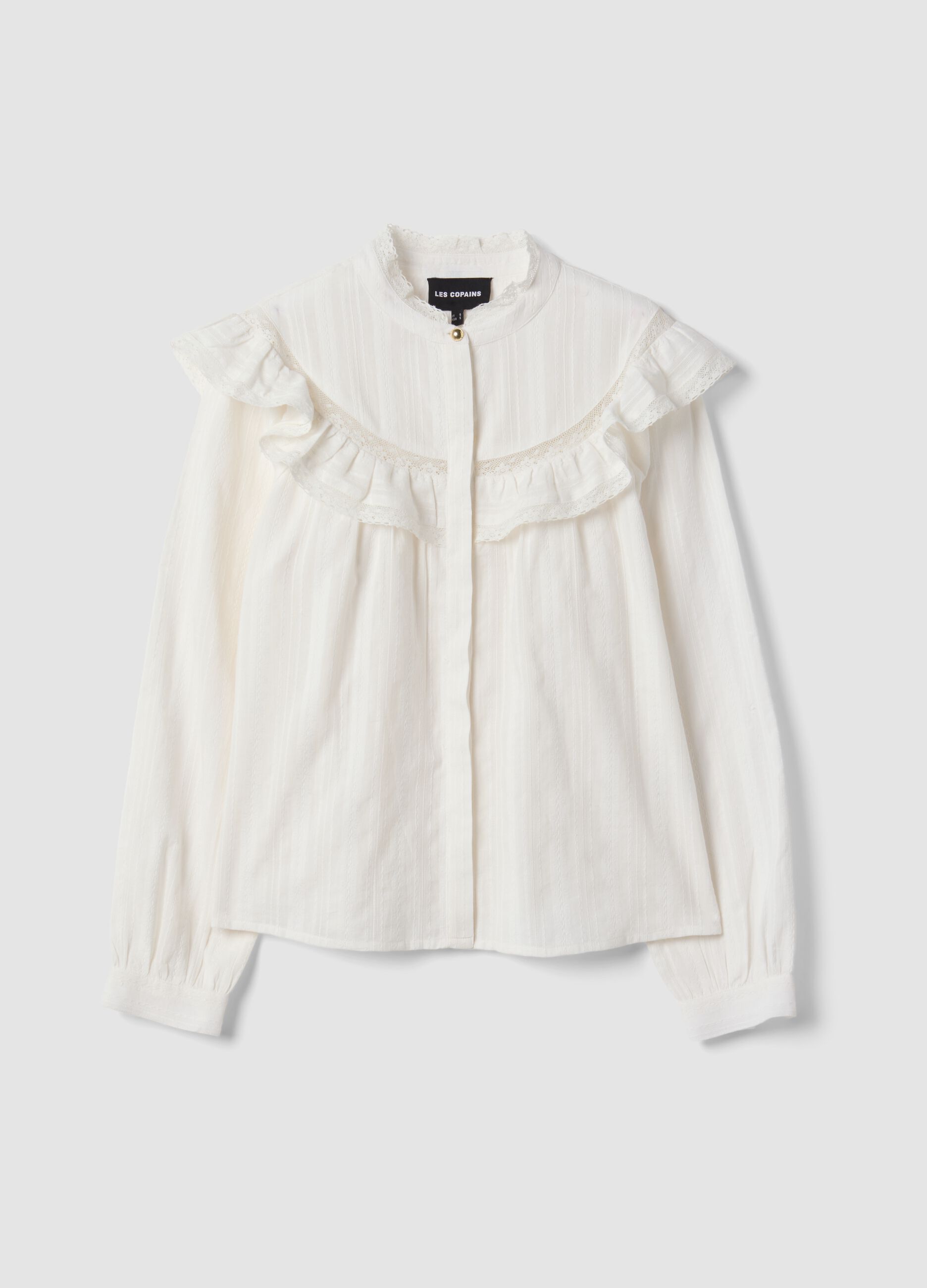 Camicia bianca in puro cotone con collo coreano e volant